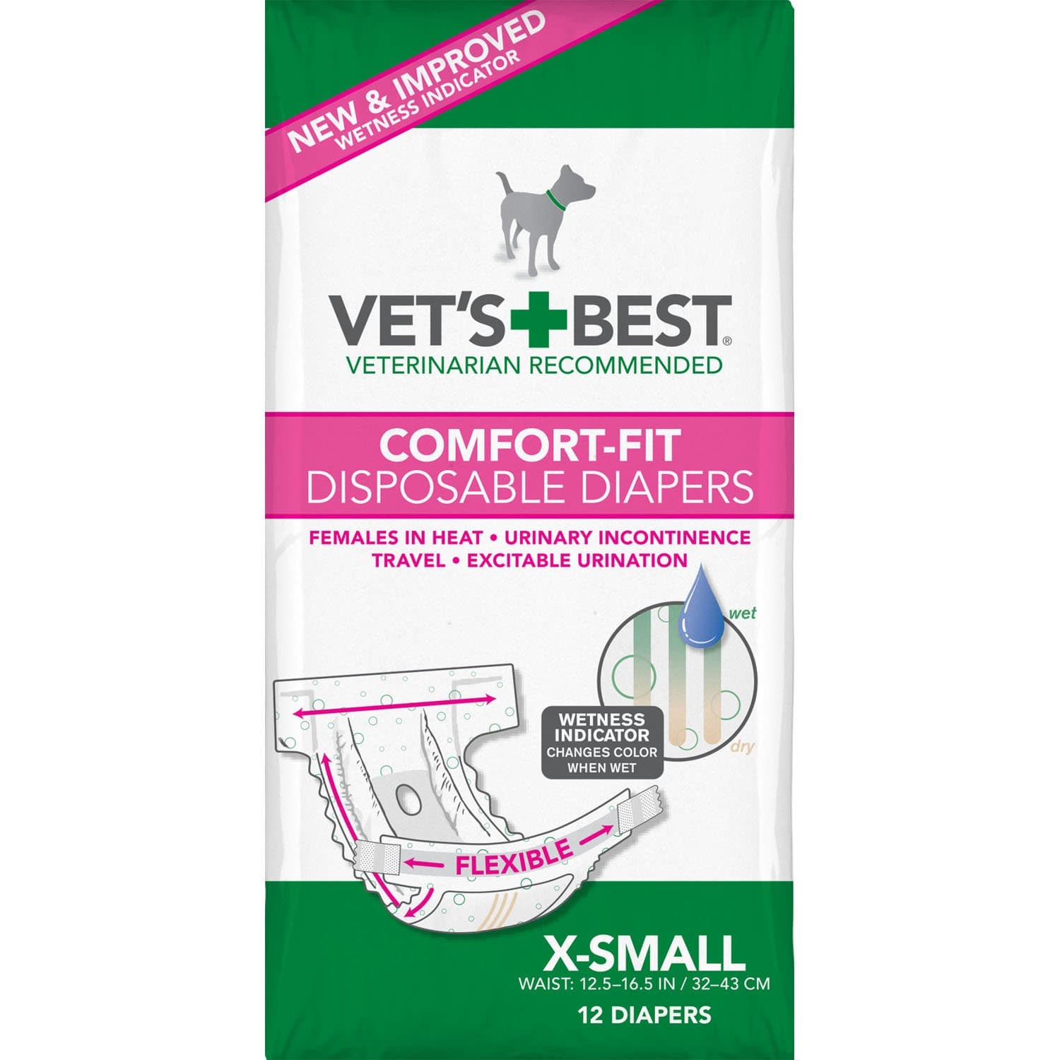 Vet's BestComfort Fit Dog Diapers | Disposable Female Dog Diapers | Absorbent with Leak Proof Fit | X-Small, 12 Count