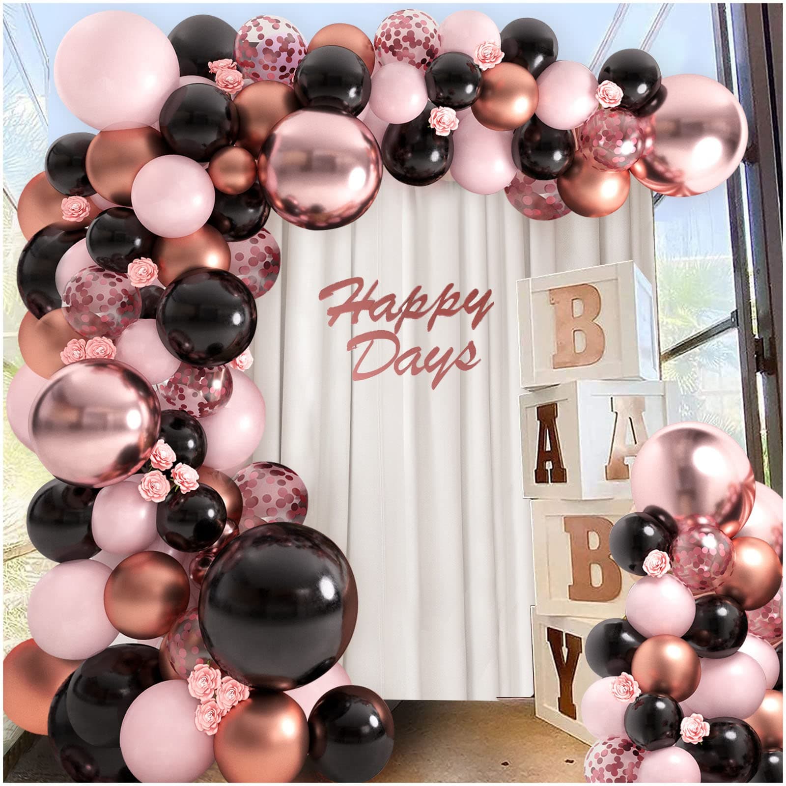 Metallic Chrome Rose Gold Pink Black Balloons Balloon Garland Arch Kit, Rose Gold Baby Bridal Shower Birthday Wedding Anniversary Graduation Bachelorette Party Background Decorations for Girl Women