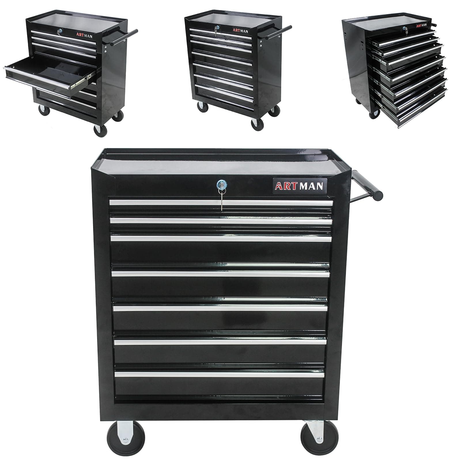 7 Drawer Tool Cart, with Key Locking and Parking Brake, Suitable for Garages, Warehouses, Workshops, Repair Shops tool chest with drawers, Black