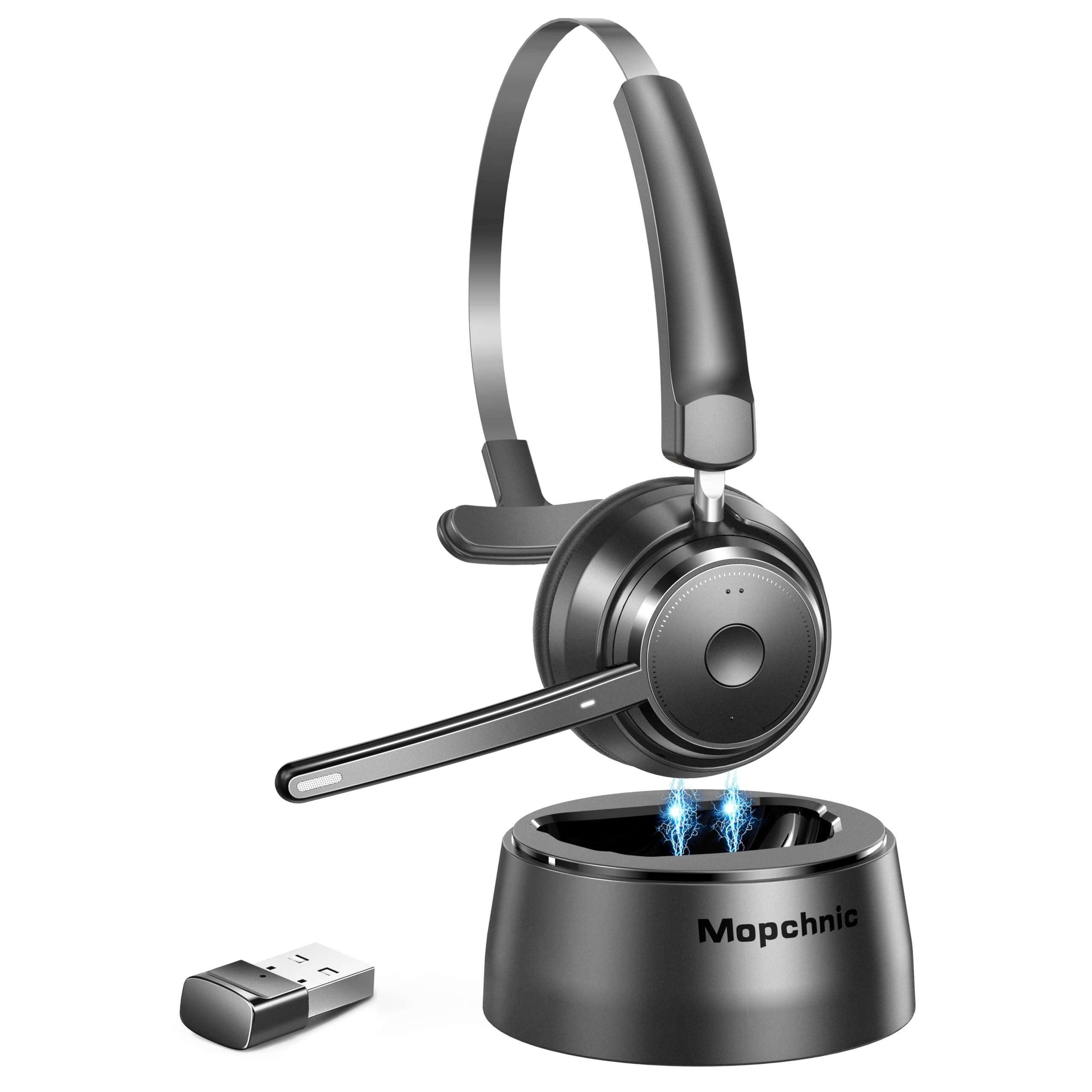 Bluetooth Headset, Wireless Headset with Microphone for Computer, On Ear Bluetooth Headset with USB Dongle for Office Call Center Skype Zoom Meeting Online Class (Dark Gray)
