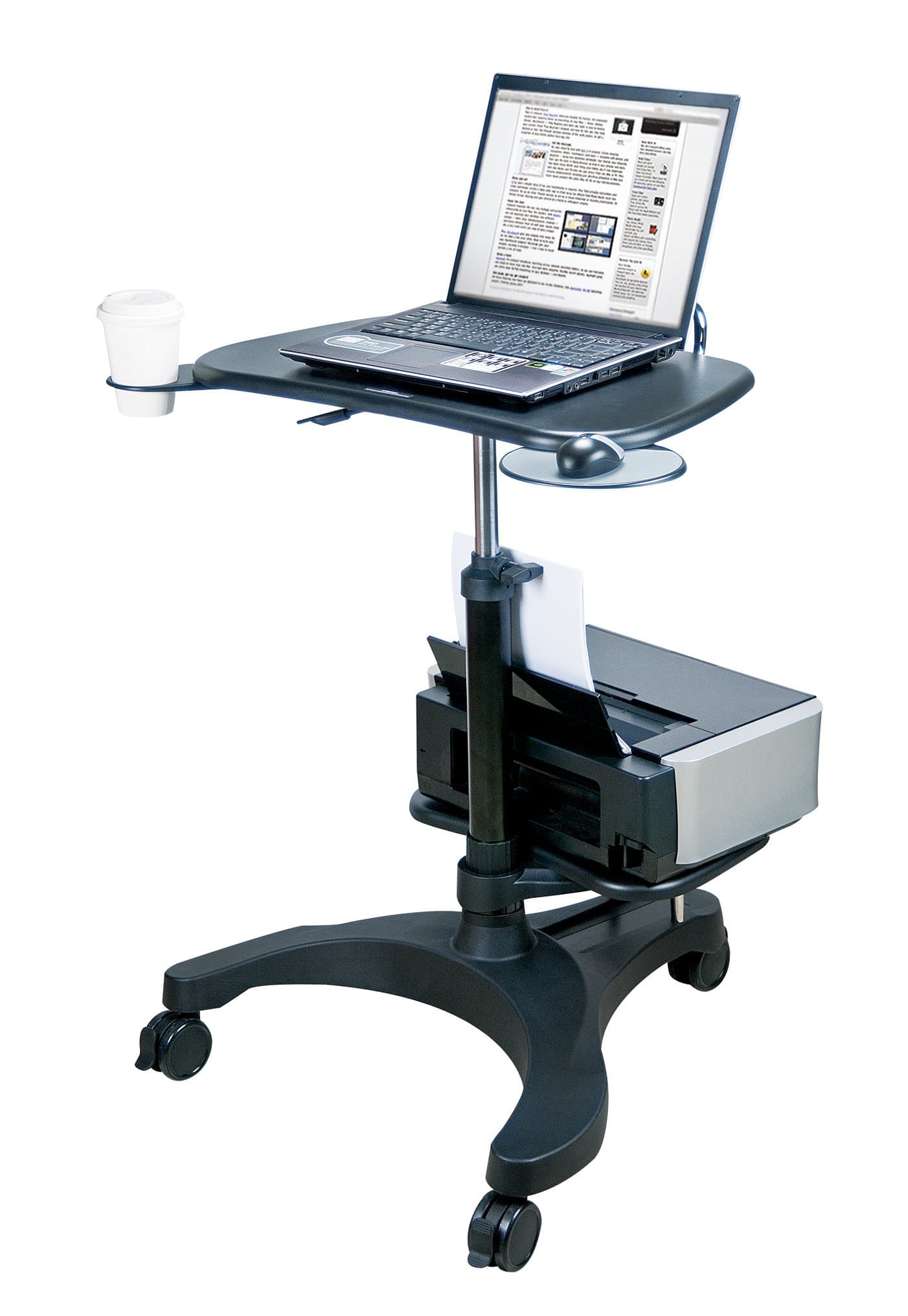 AidataErgonomic Sit-Stand Mobile Laptop Cart Work Station with Printer Shelf. with Built in Cup Holder and Mouse Pad. Black (Model: LPD009P)