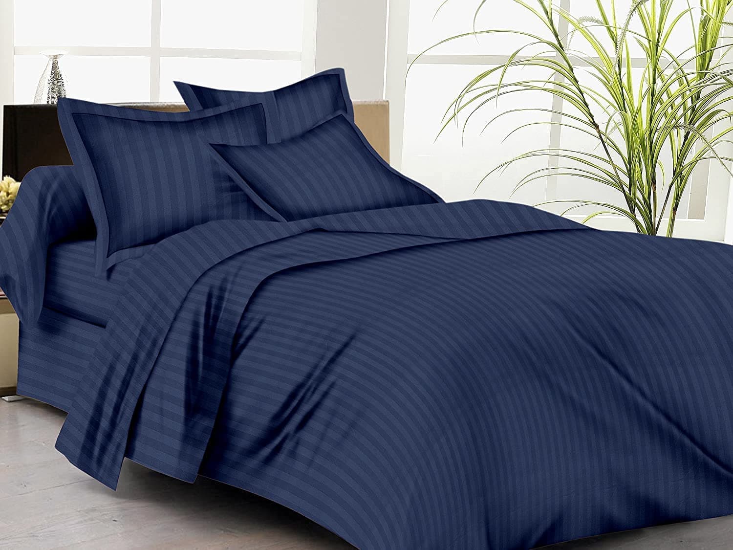 AM Creation 200 TC Glace Cotton Wrinkle Free Lining Satin Stripes Plain Duvet Cover (King, Navy Blue)