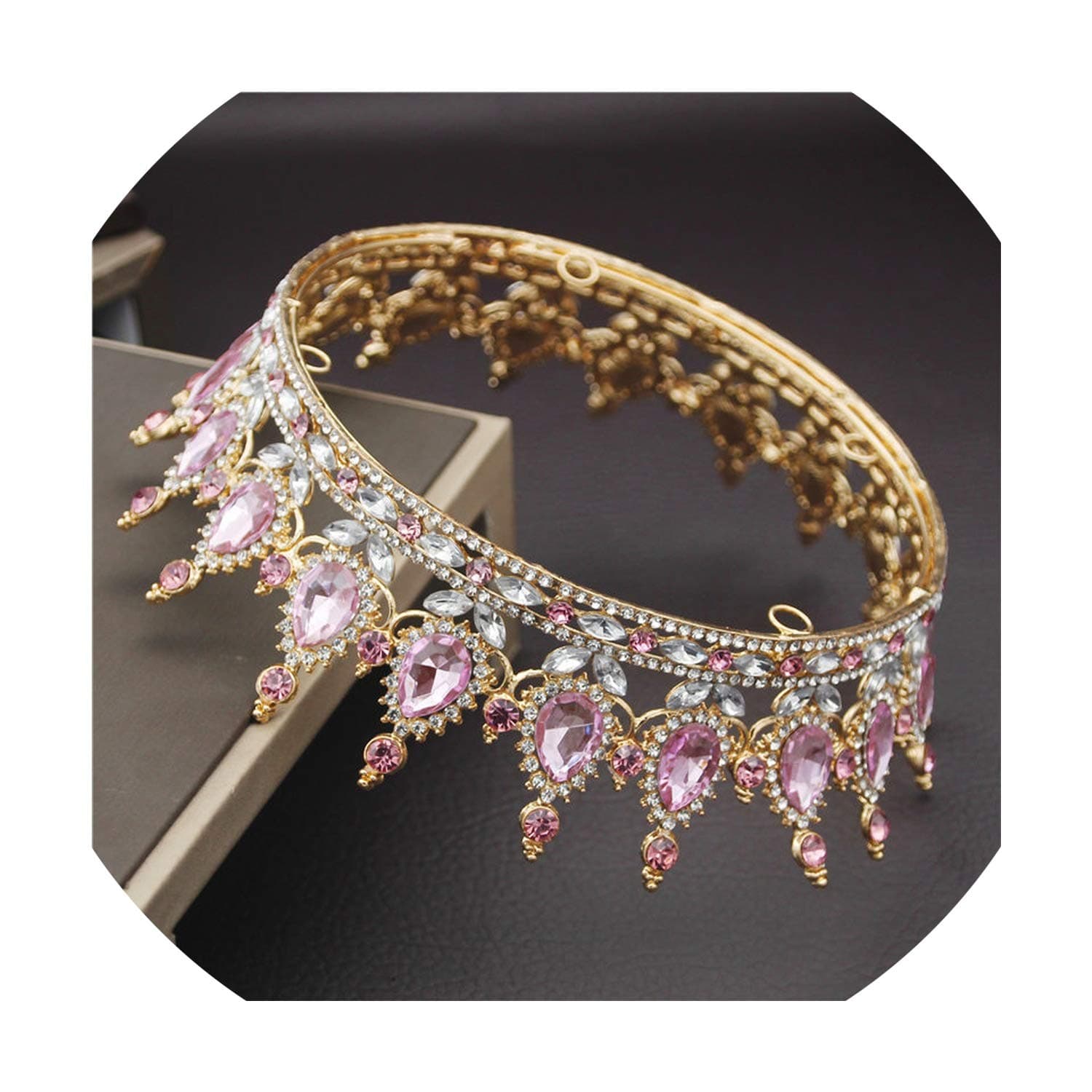 Crystal Vintage Royal Queen King Tiaras and Crowns Men/Women Pageant Prom Diadem Hair Ornaments Wedding Hair Jewelry Accessories,Mix Pink