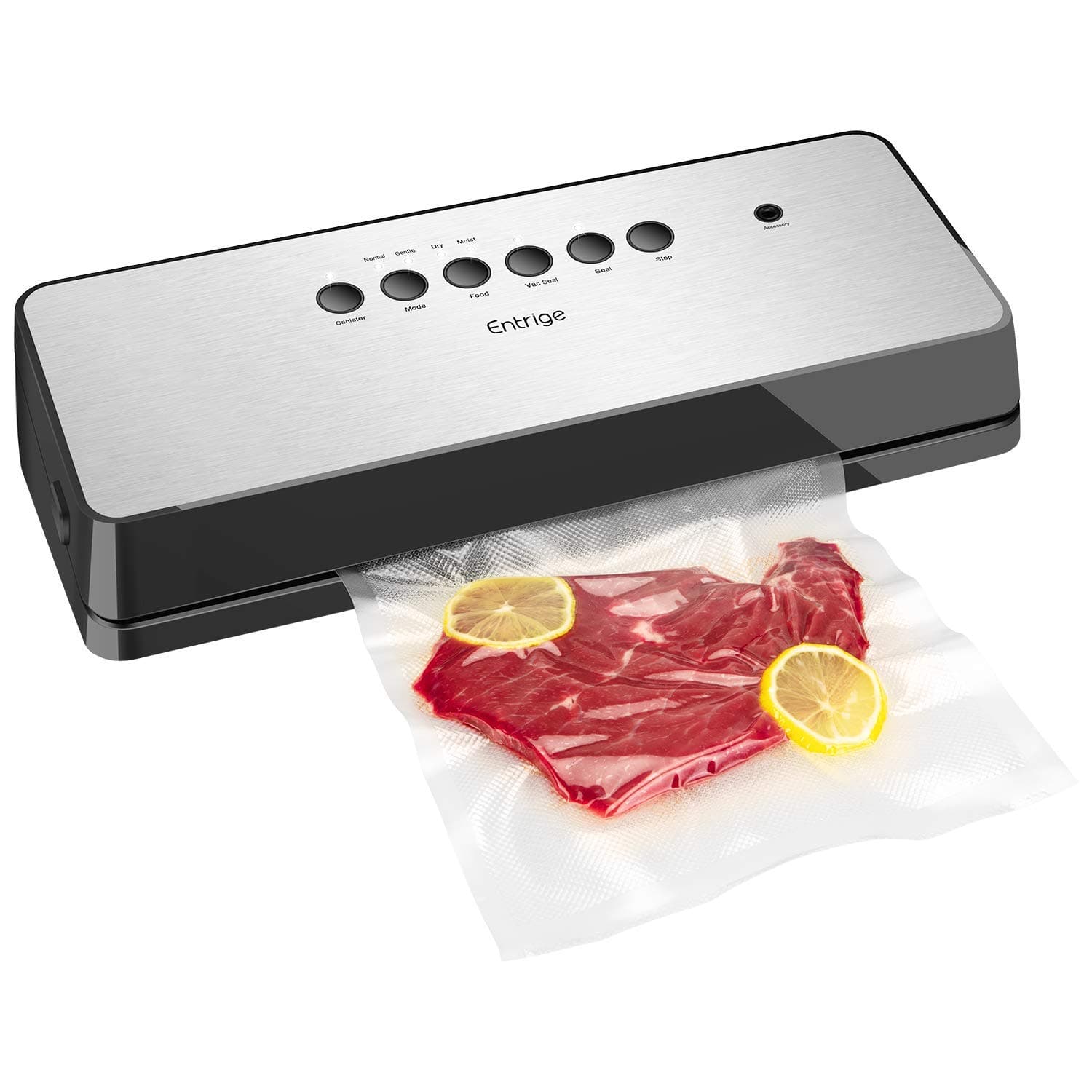 Vacuum Sealer Machine By Entrige, Automatic Food Sealer for Food Preservation w /Starter Kit, Dry Moist Food Modes, Easy to Clean, Led Indicator Lights, Compact Design, Silver(Stainless Steel)