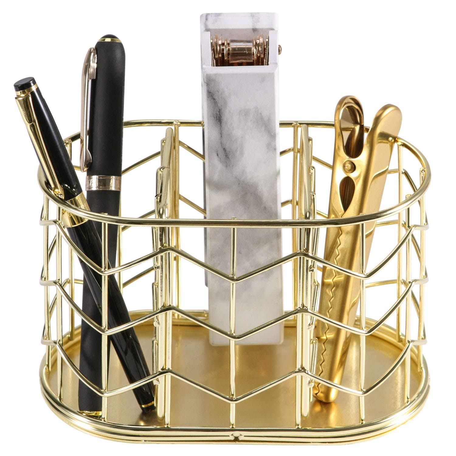 Nugorise Pen Holder, 3 Compartment Metal Pencil Holder, Decorative Desk Storage Organizer Container for Stationery and Desk Accessories, Gold