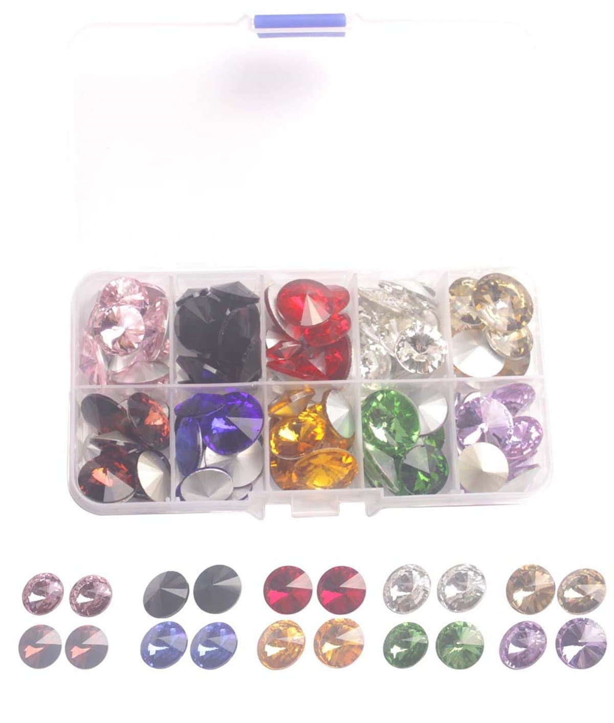 ChangJin One BOX of 120PCS Mixed colors and Sizes Point Back Crystals Rhinestone Glass Rivoli Stone W/Container