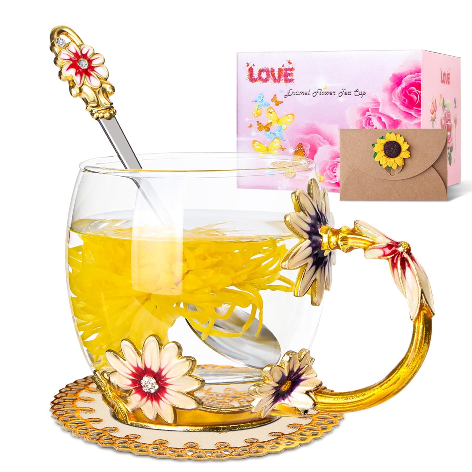 Birthday Gifts for Women Her Mom Teacher Friends Enamel Flower Tea Cup Glass Coffee Mug Gifts for Women Birthday,Mother's Day,Anniversary(330ML Gold)