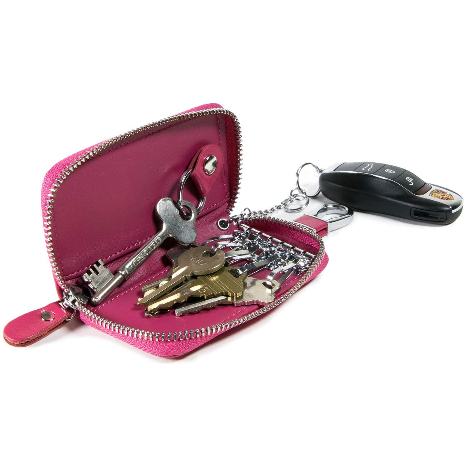Car Home Key Organizer Pouch, CoreLife Zippered Multi Key Holder Vegan Leather Wallet Case Key Chain for Women - Hot Pink