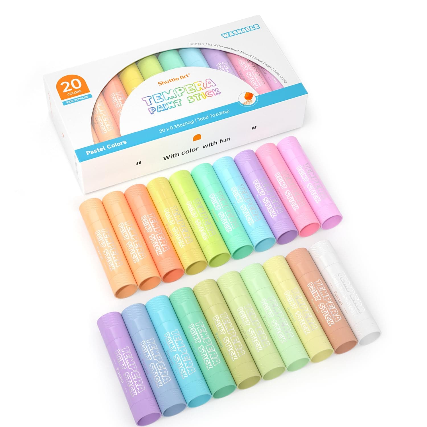Shuttle Art Tempera Paint Sticks for Children, 20 Pastel Colours, Washable Gouache Tempera Paint Sticks for Kids, Twistable, Mess-Free, Fast Drying, Work Great on Paper Wood Glass Ceramic Canvas