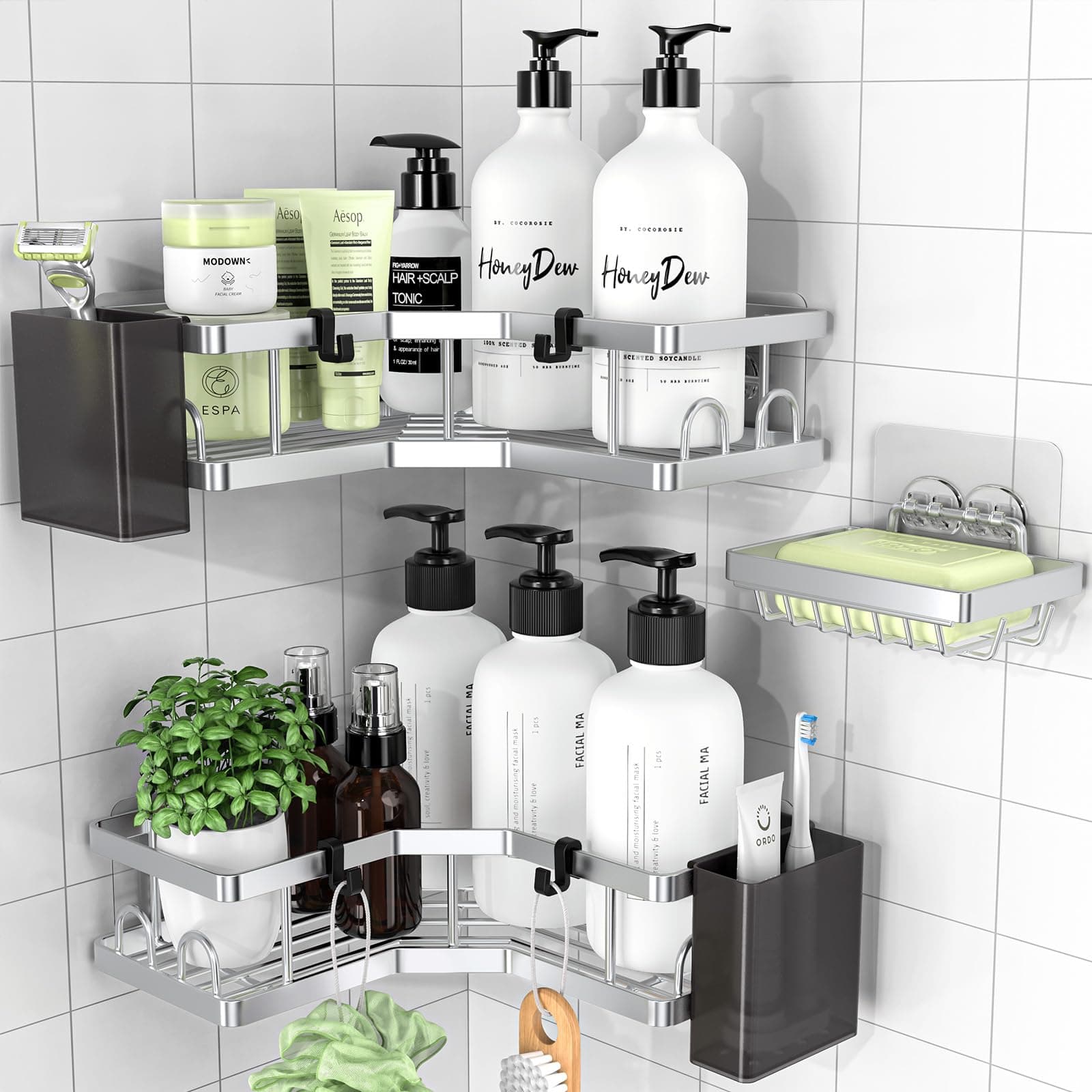 Corner Shower Caddy 3 Pack,Bathroom Storage No Drilling,Shower Storage with Soap Holder&Hooks&Toothpaste Holders,Bathroom or Kitchen,Rustproof Stainless Steel Suction Bathroom Accessories,Silver