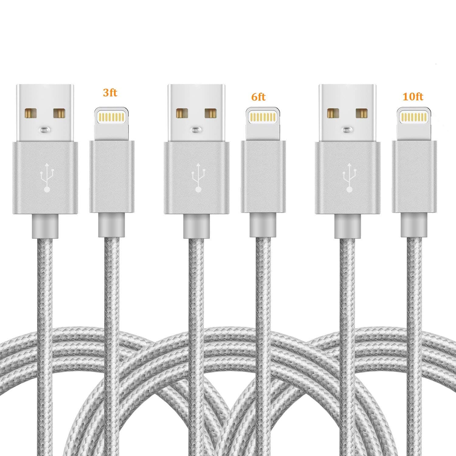 Marchpower USB Lightning Cable 3Pack 3ft 6ft 10ft iPhone Charging Cord Nylon Braided Fast Charging Cable iPad (2020) iPhone SE 11 X Xs Max XR 8/7 /6S /6 Plus 5 5S 5C SE iPod iPad Pro Gray