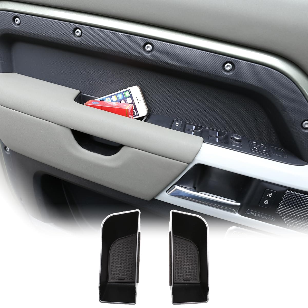 ABS Blcak Car Door Storage Box Phone Tray Accessories For Land Rover Defender 90 110 130 2020-2025 Car Armrest Side Door Handle Storage Box Tray Holder