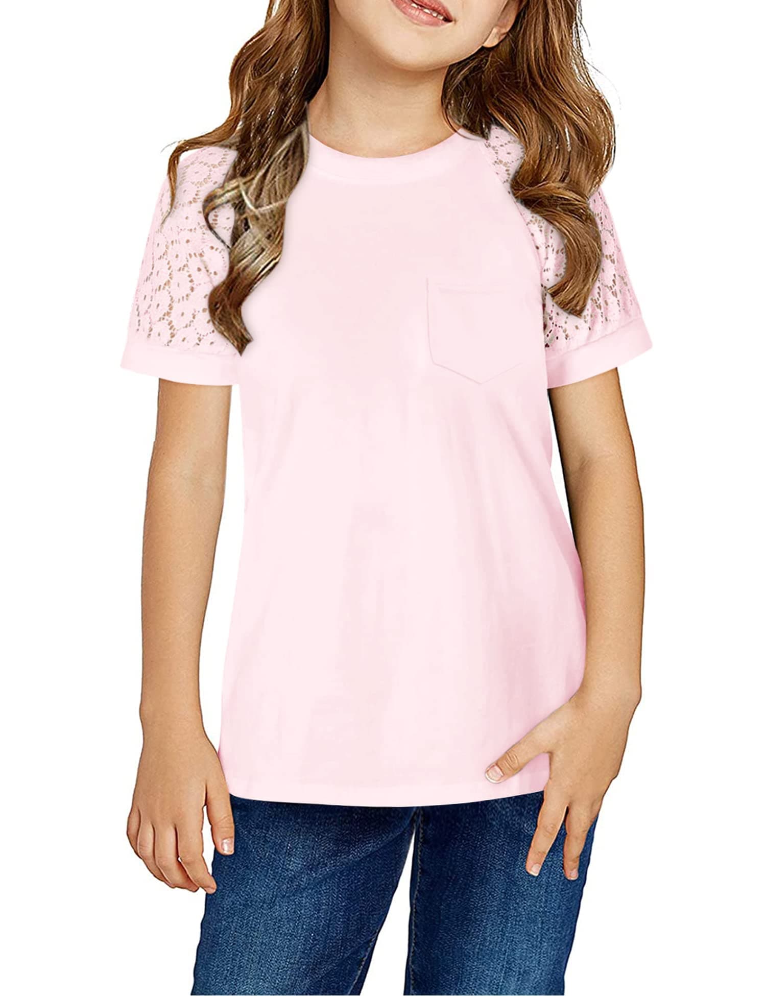 simtuorGirls Summer Short Sleeve Shirts Lace Casual Cute Crew Neck Solid Color Blouses Tops Sizes 6-15 Years