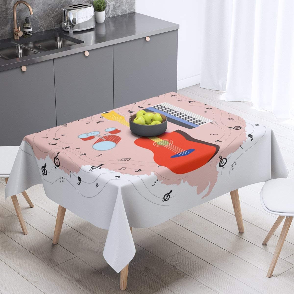 Music Guitar Tablecloths Piano Note Melody Decor Table Cloth for Kids Boys Girls Rock Drum Kit Table Cover Musical Instruments Pink Heart Tabletop for Dining Room Kitchen,55 Inch Round
