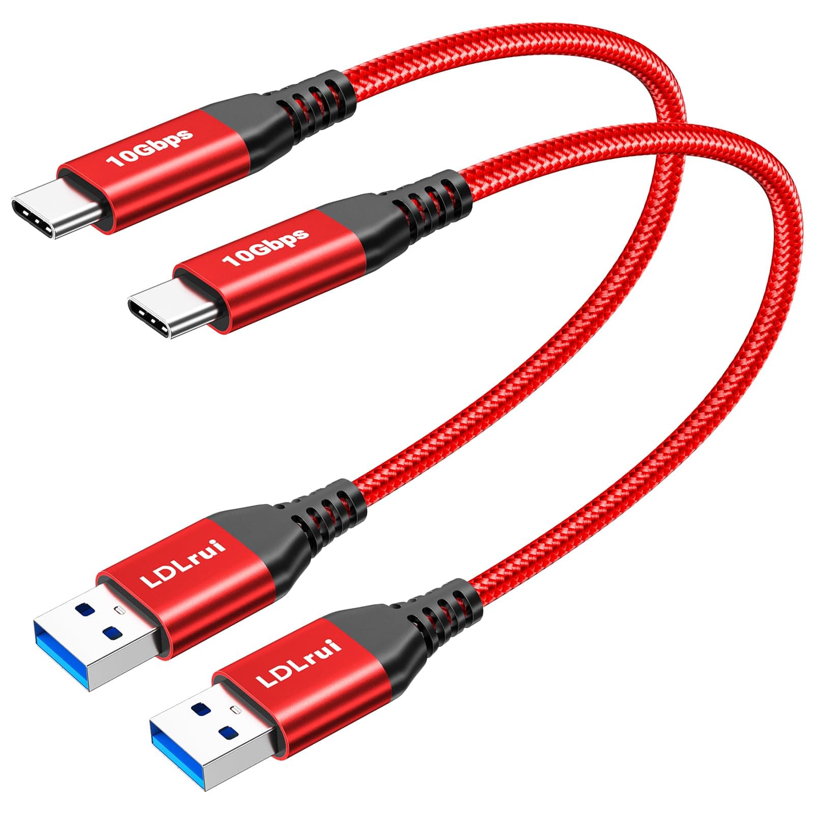 LDLrui USB 3.1 Gen 2 to USB C Cable, USB A to USB C 10Gbps Data Sync & 3A Type C Charger Fast Charging Cord for Samsung Galaxy S24/S21, iPhone 15/15 Pro, GoPro, Power Bank Red, 1FT, 2Pack