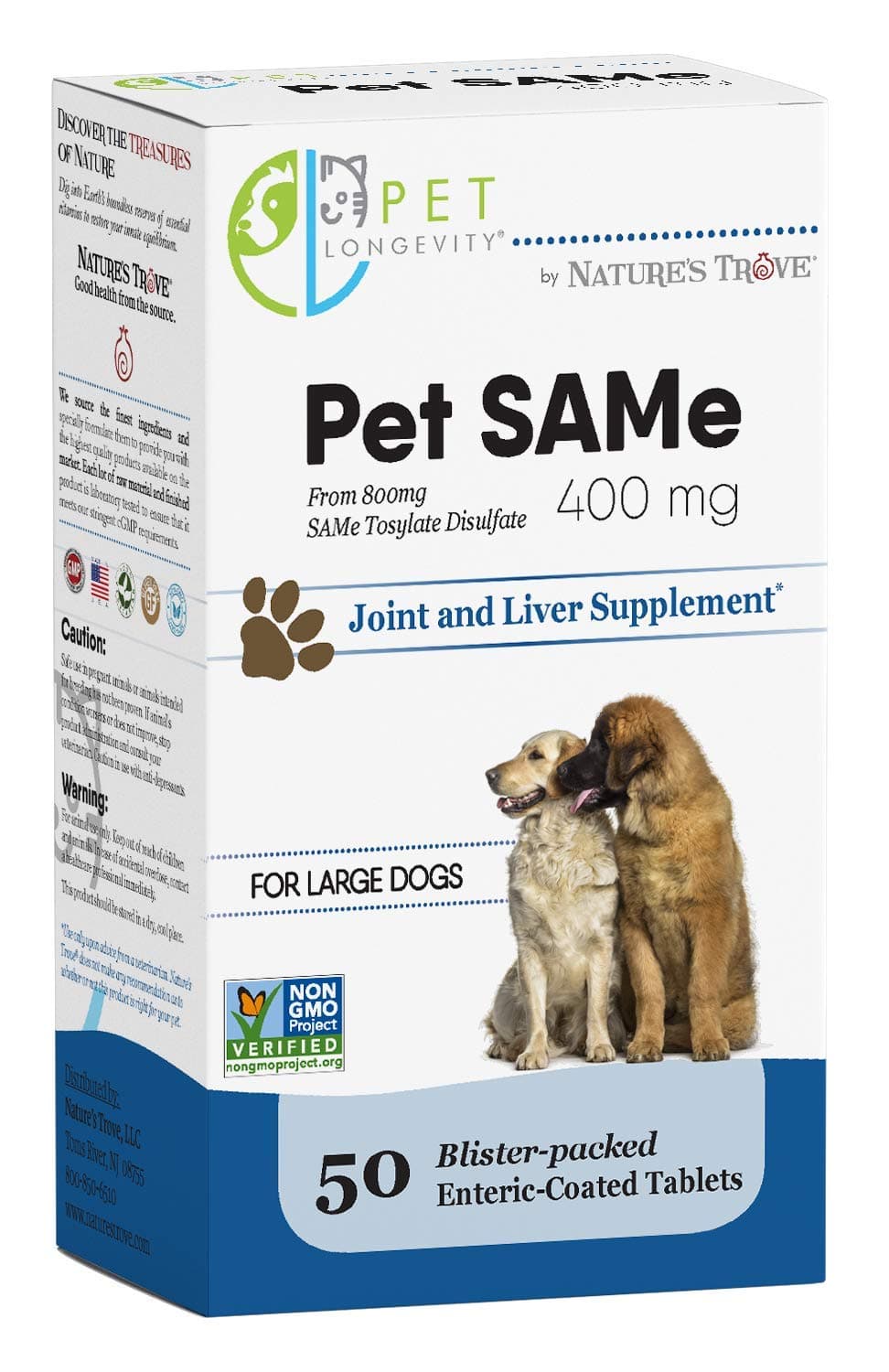 Pet Longevity Same 400 mg Pet Supplements – Liver and Joint Support for Large Dogs with Elevated Enzymes – S Adenosyl Methionine - 50 Gluten Free Enteric Coated Tablets – Non GMO Certified