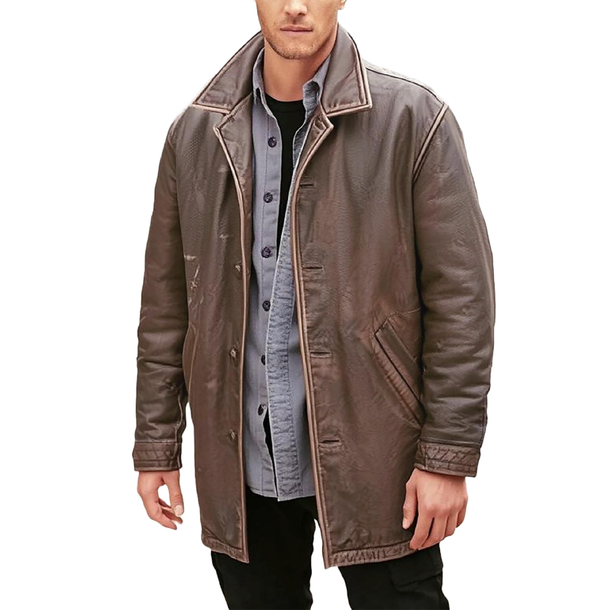 LP-FACON Men's Distressed Brown Genuine Leather Trench Coat - Dean Super 3/4 Mid Length Vintage Leather Blazer Jacket