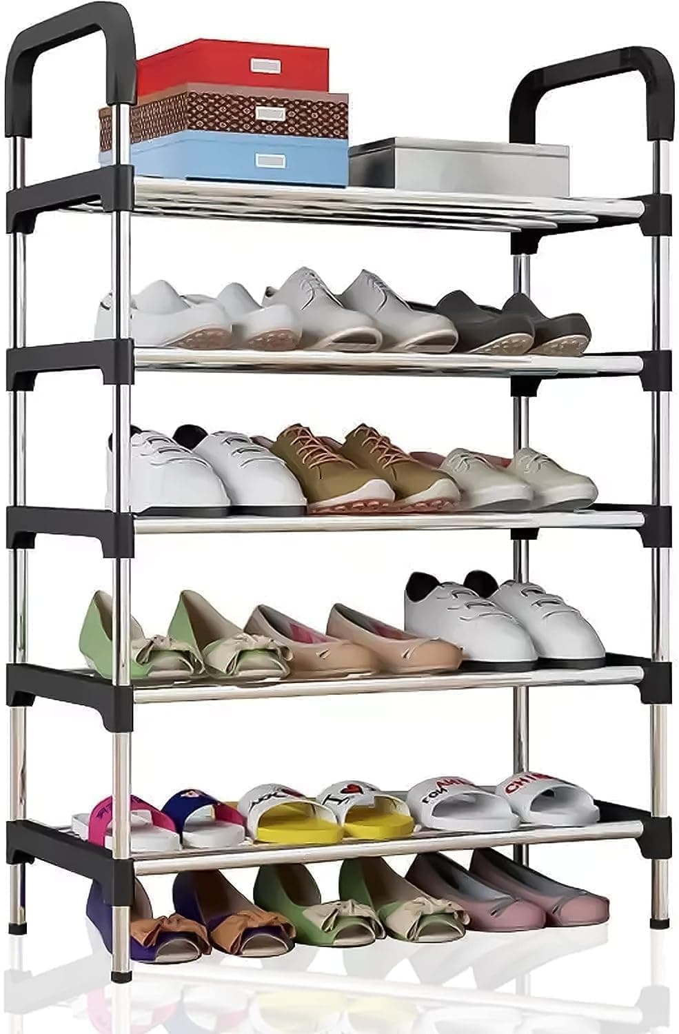 5 tier Metal Freestanding Shoe Rack-Portable cabinet-Shoe Storage Organizer for Entryway, Cloakroom and Living Room, Black