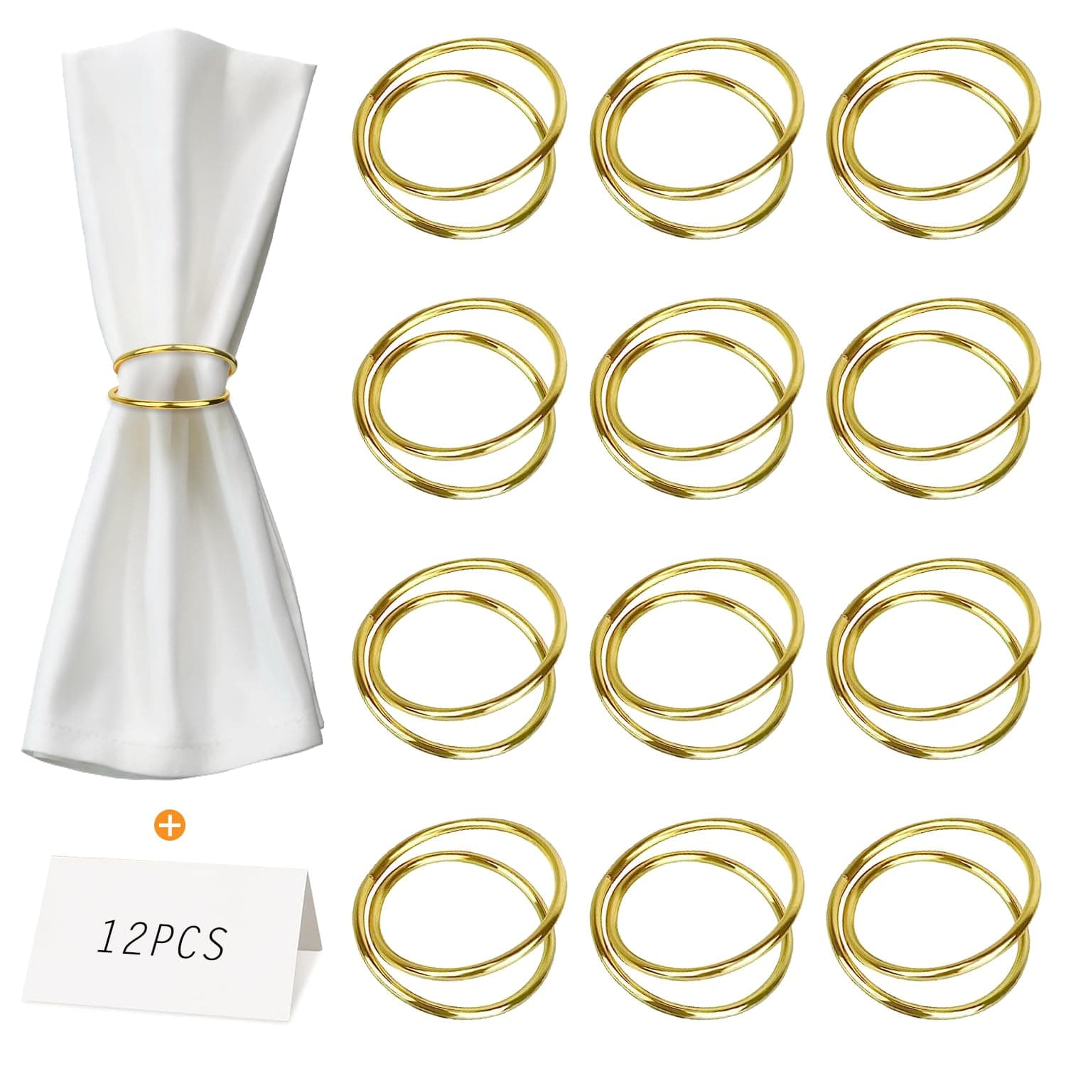 Stainless Steel Napkin Rings Metal Napkin Ring Holders Set of 12, Yimerlen Ring Holder Buckles for Family Dinner, Wedding, Party (Give Name Thank You Cards) Modern Gold