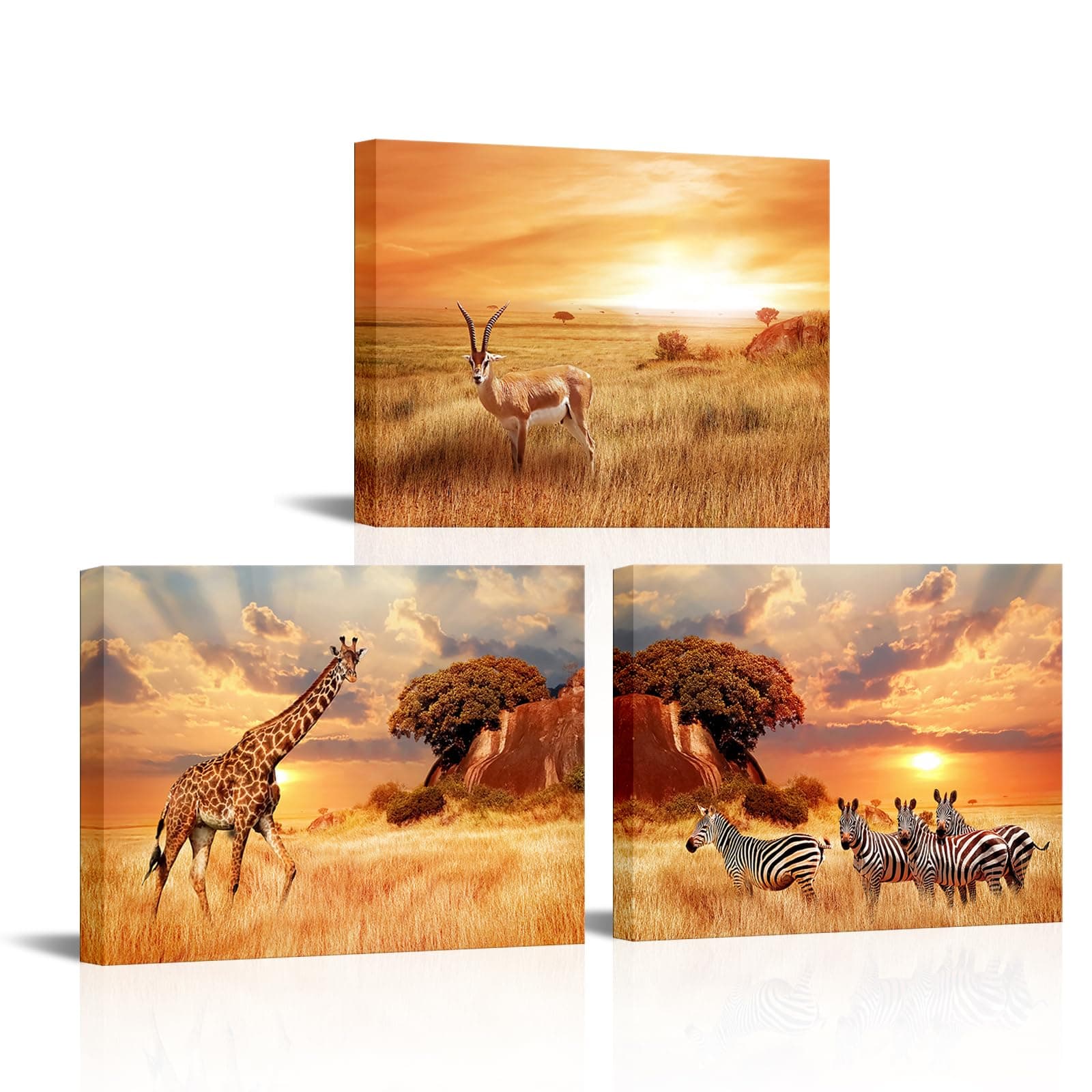 Derkymo 3 Pieces African Landscape Cnavas Wall Art Giraffe Zebra Wild Animal Picture for Wall Framed Ready to Hang