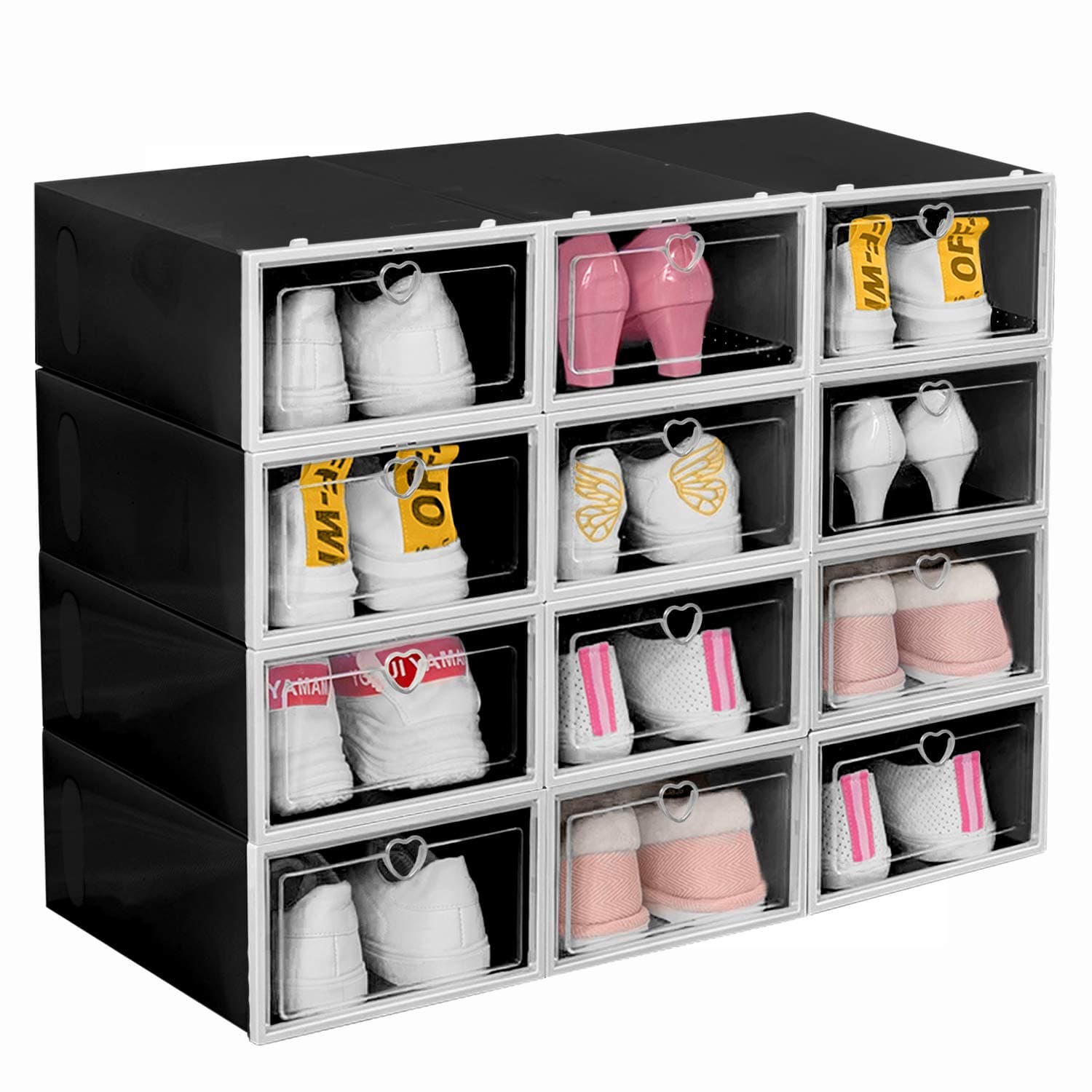 Hommtina 12 Pack Stackable Shoe Boxes Plastic Storage Bins, Sneaker Container with Clear Lids, Closet Organizer (Black)
