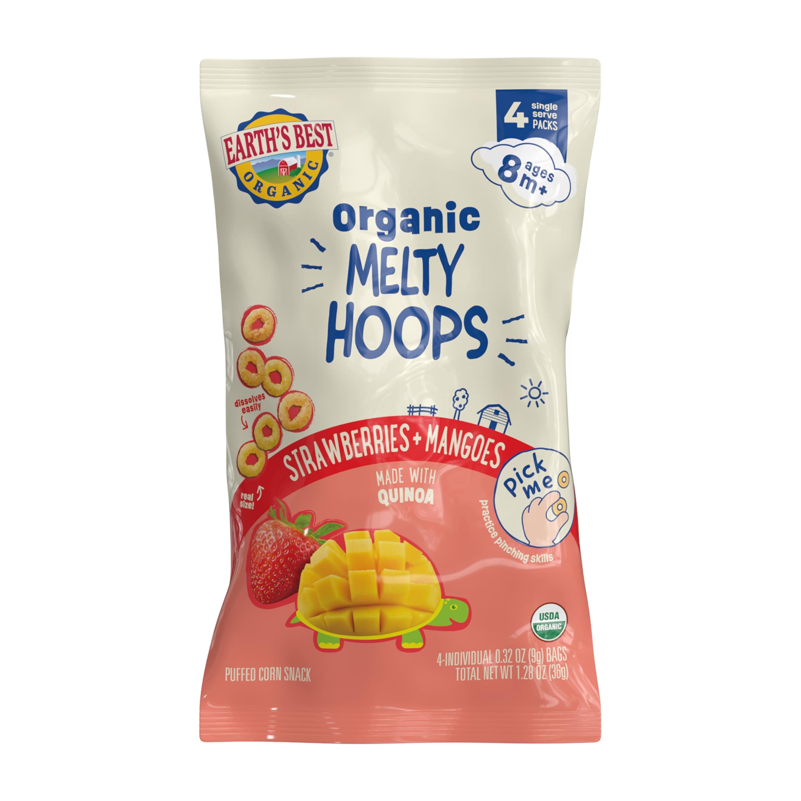 Organic Melty Hoops, Puffed Corn Snack, 8+ Months, Strawberries + Mangoes, 4 Single Serve Packs, 0.32 oz (9 g) Each, Earth's Best