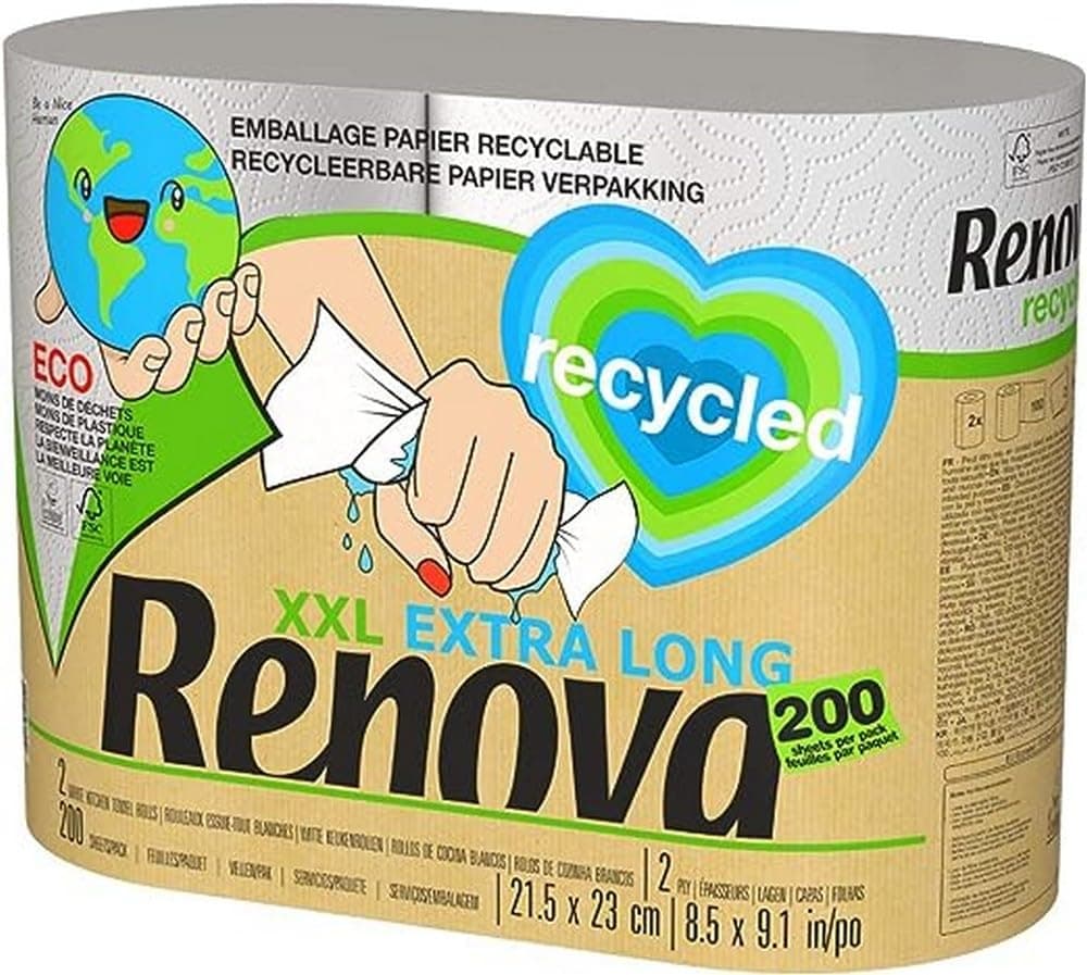 Renova Renova Recycled Kitchen Rolls | 2 Recycled Rolls Wrapped in Paper, Equivalent to 5 Standard Rolls | Plastic Free | FSC® and Ecolabel Certified