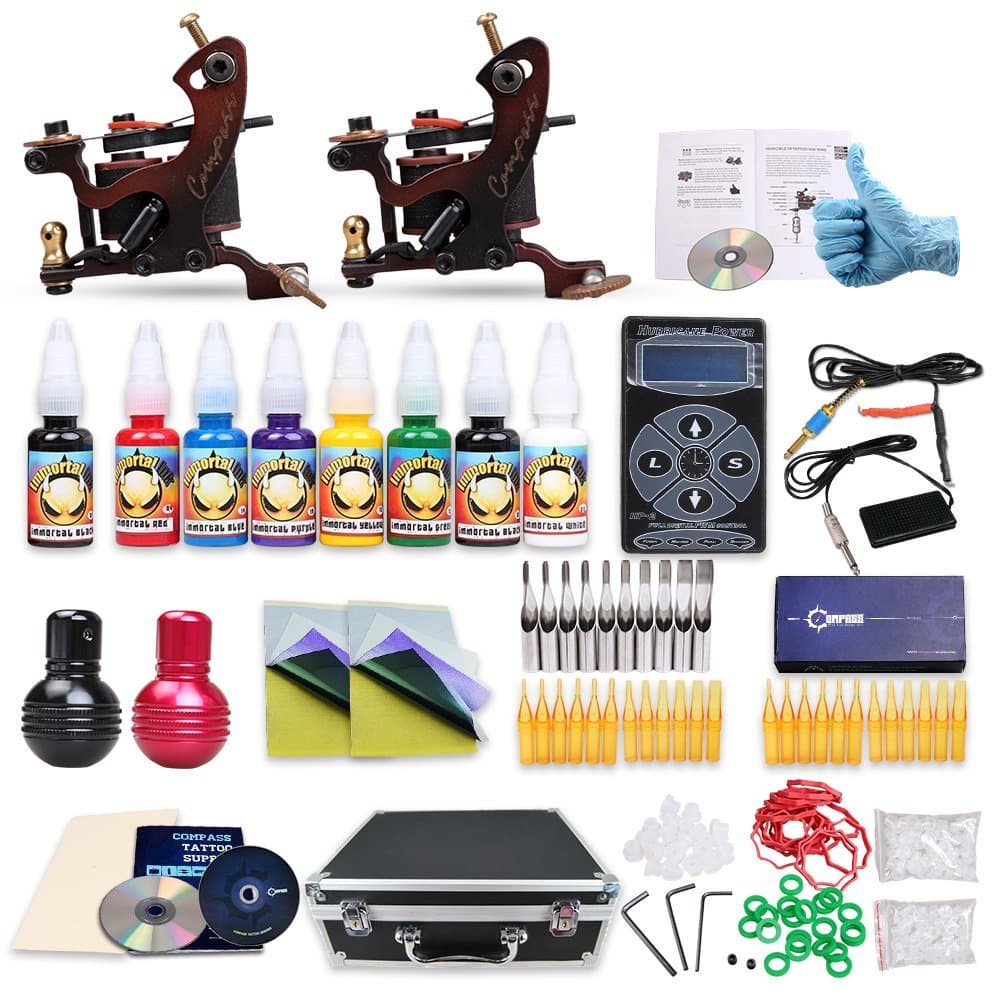 Complete Tattoo Kit 2 Compass Tattoo Machine Tattoo Gun Power Supply Needles Inks