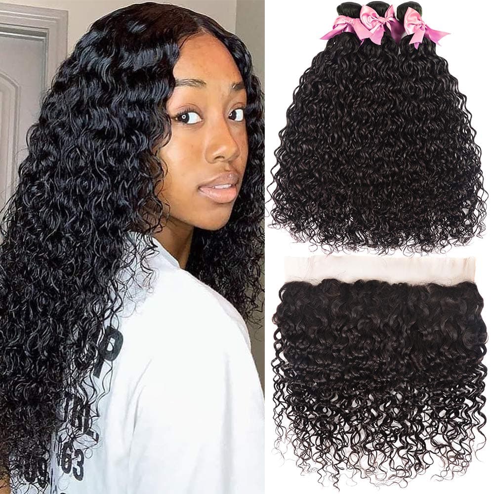 Brazilian Water Wave Human Hair 3 Bundles With Frontal 13X4 Ear To Ear Free Part Lace Frontal Closure 9A 100 Unprocessed Wet And Wavy Brazilian Hair Bundles With Frontal (20 22 24+18,Natural Black)