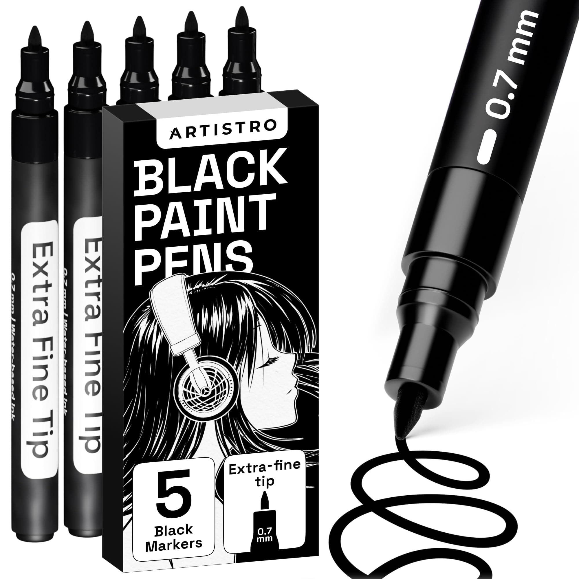 5 Black Paint Pen for Rock, Glass, Ceramic, Wood, Tire, Fabric, Metal, Canvas, Marking, Painting - Set of 5 Acrylic Paint Markers Water-based