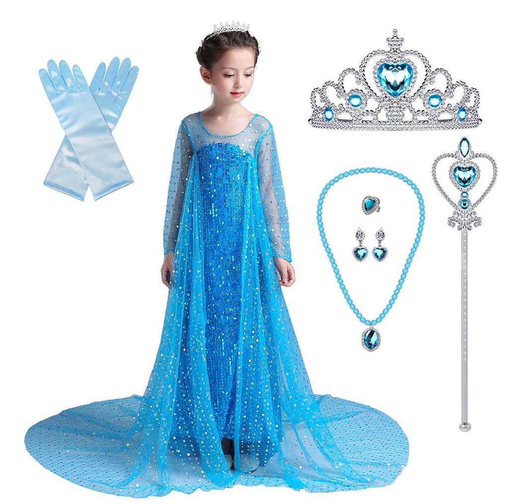Lito Angels Girls Princess Dress Up Costume Luxury Sequin Blue Ball Gown with Long Train Accessories, Halloween Outfit Kids