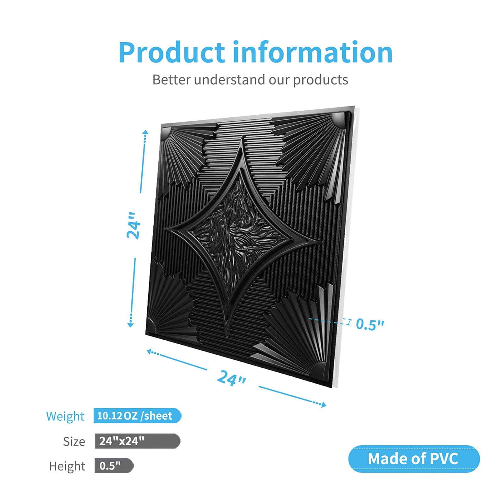 Art3d 61x61cm Drop Ceiling Tiles 24x24 in Black Pack of 12, 3D Wainscoting Ceiling Panels Glue Up Cover 48 Sq.ft