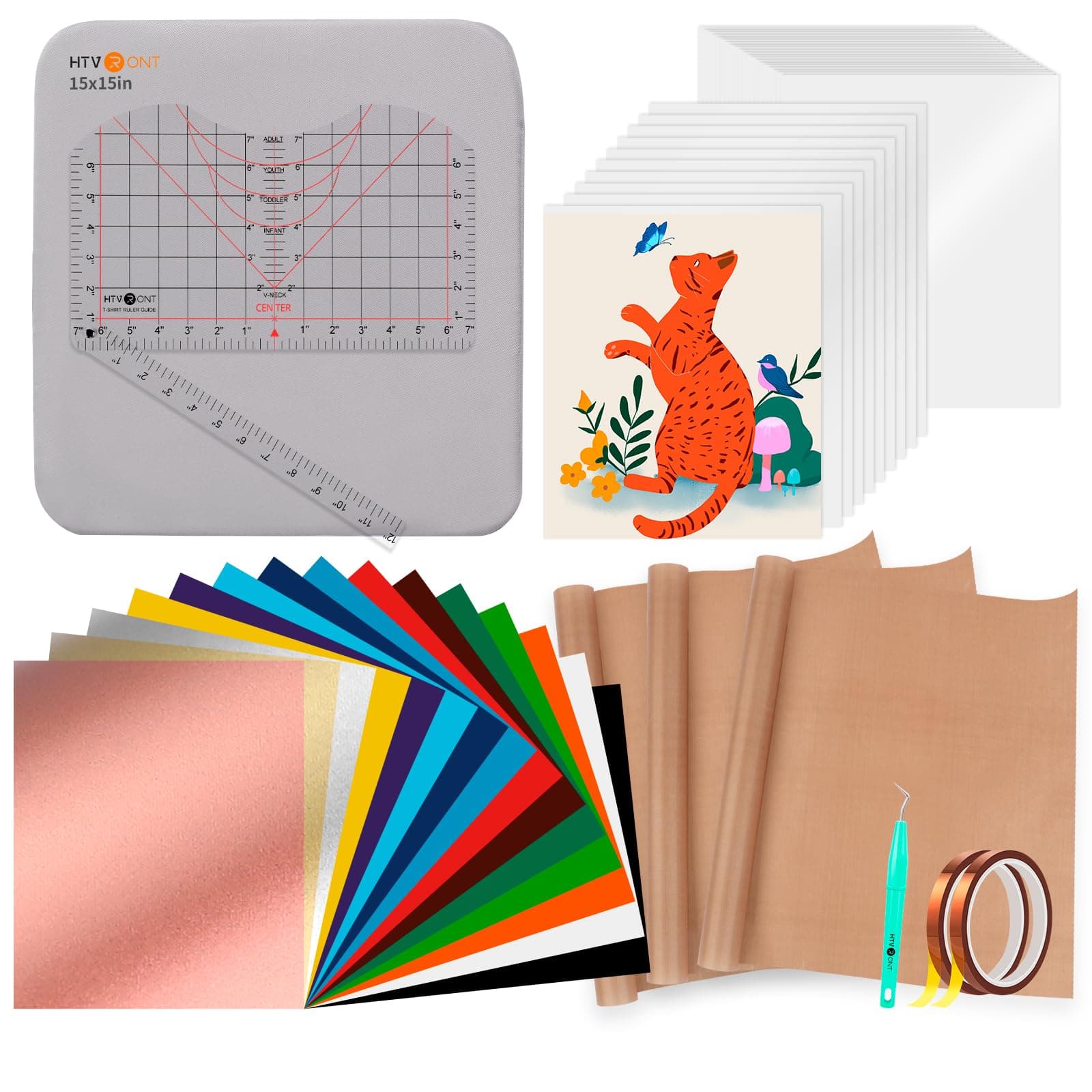 Heat Press Accessories - 55 Pack Supplies for 15x15 Machine, T-Shirt Heat Press Starter Kit with Vinyl & Sublimation Bundle, Tools & Mat