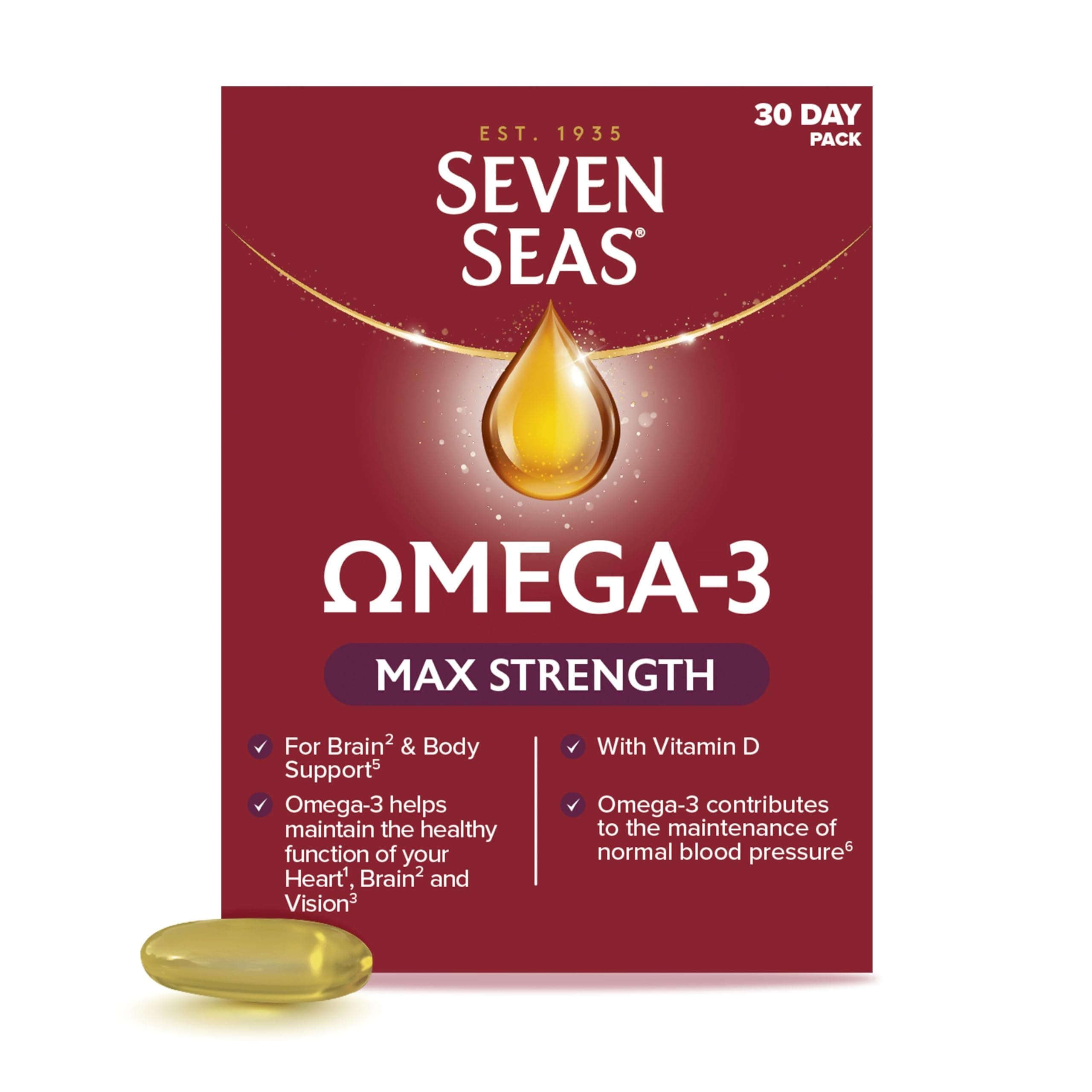 Omega-3 Fish Oil, Max Strength with Omega 3 and Vitamin D for Brain² and Body, 30 Capsules