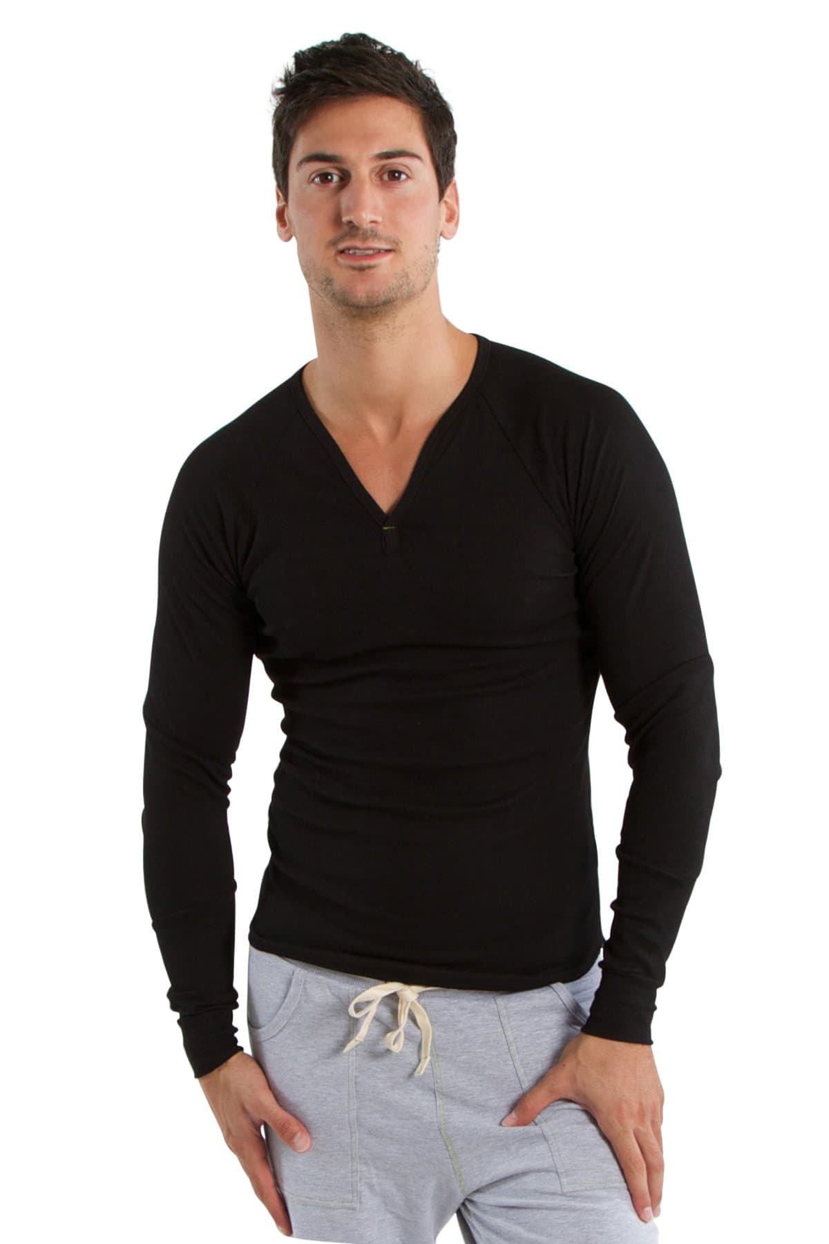 4-rth Men's Ribbed Thermal V-Neck Long Sleeve Yoga & Gym Henley Modal Fabric Made in America Stretch European Style Fit