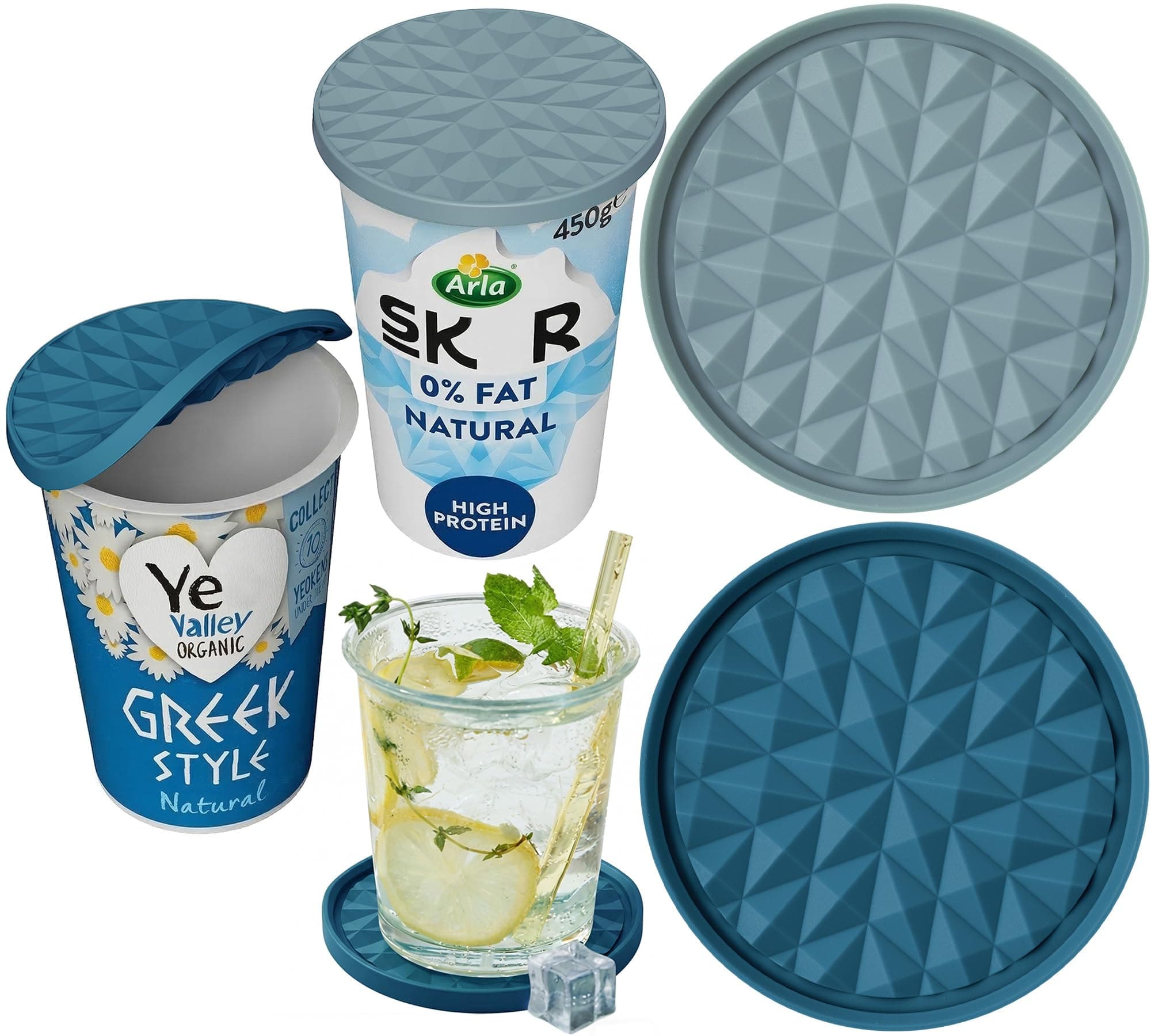 Yoghurt Pot Lids ONLY Fit 9.5cm Diameter Pots(2 Sets, Dark blue & Light blue) Reusable Silicone Large Tops, Reversible to Coaster, for 9.5cm Yogurt, Cream Pots