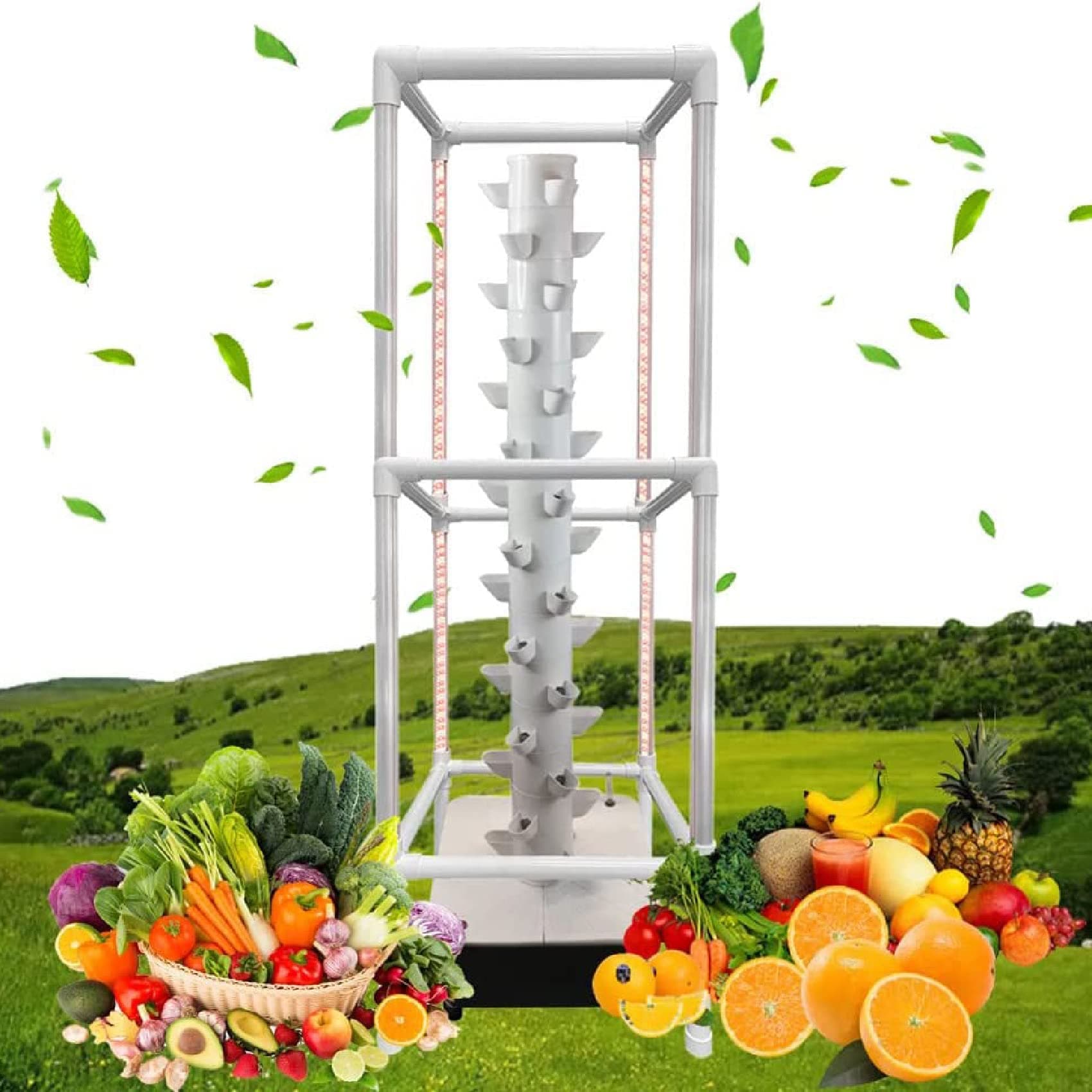 ADORZ Hydroponic Tower Growing Sytem, 15 Layer 45 Holes Indoor Vertical Grow Tower Sites with Led Grow Llight, Pump and Movable Water Tank, for Herbs, Fruits and Vegetables