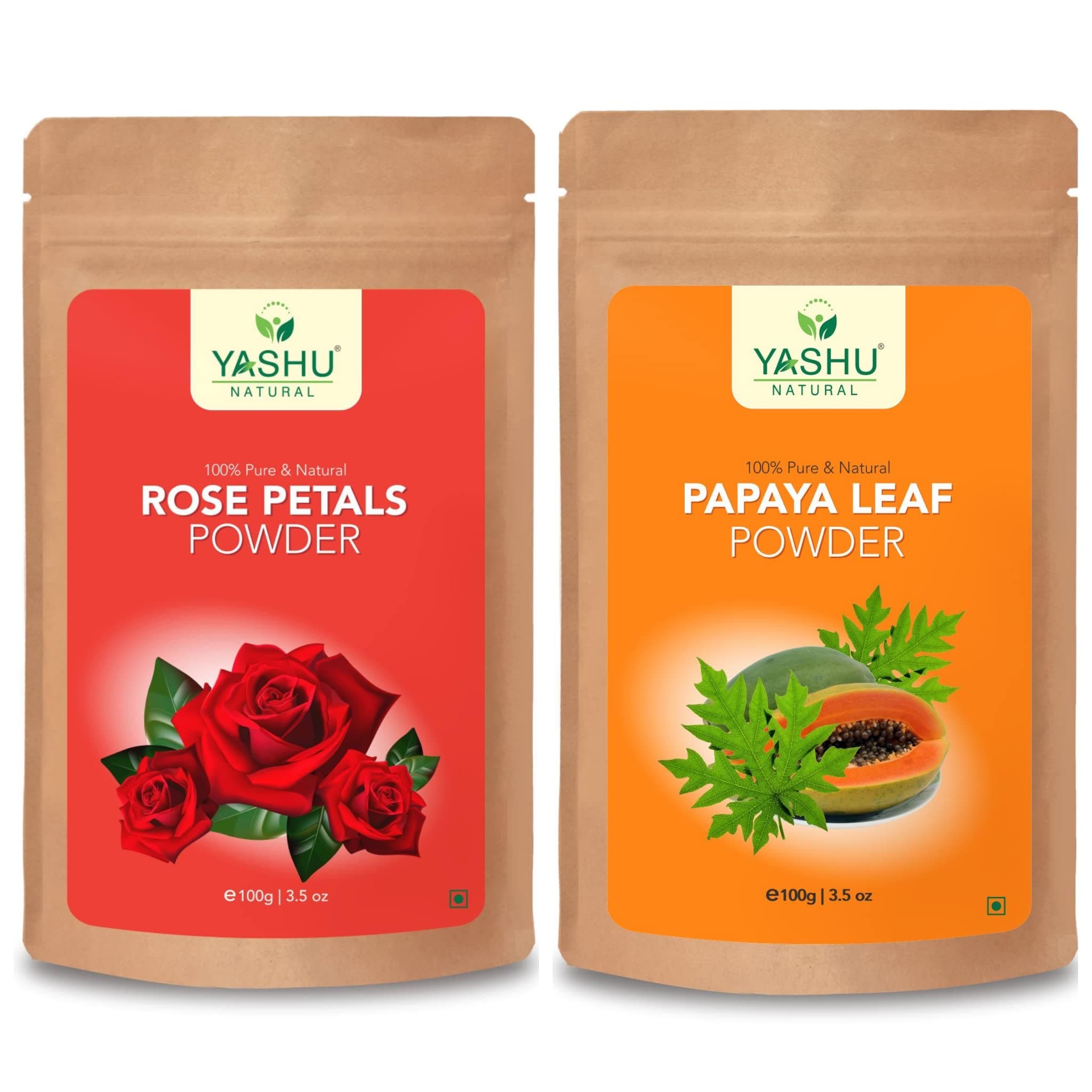 YASHU Pure Rose Petals & Papaya Leaves Face Powder for Natural Glow | Detan Face Pack Combo Pack (200g)