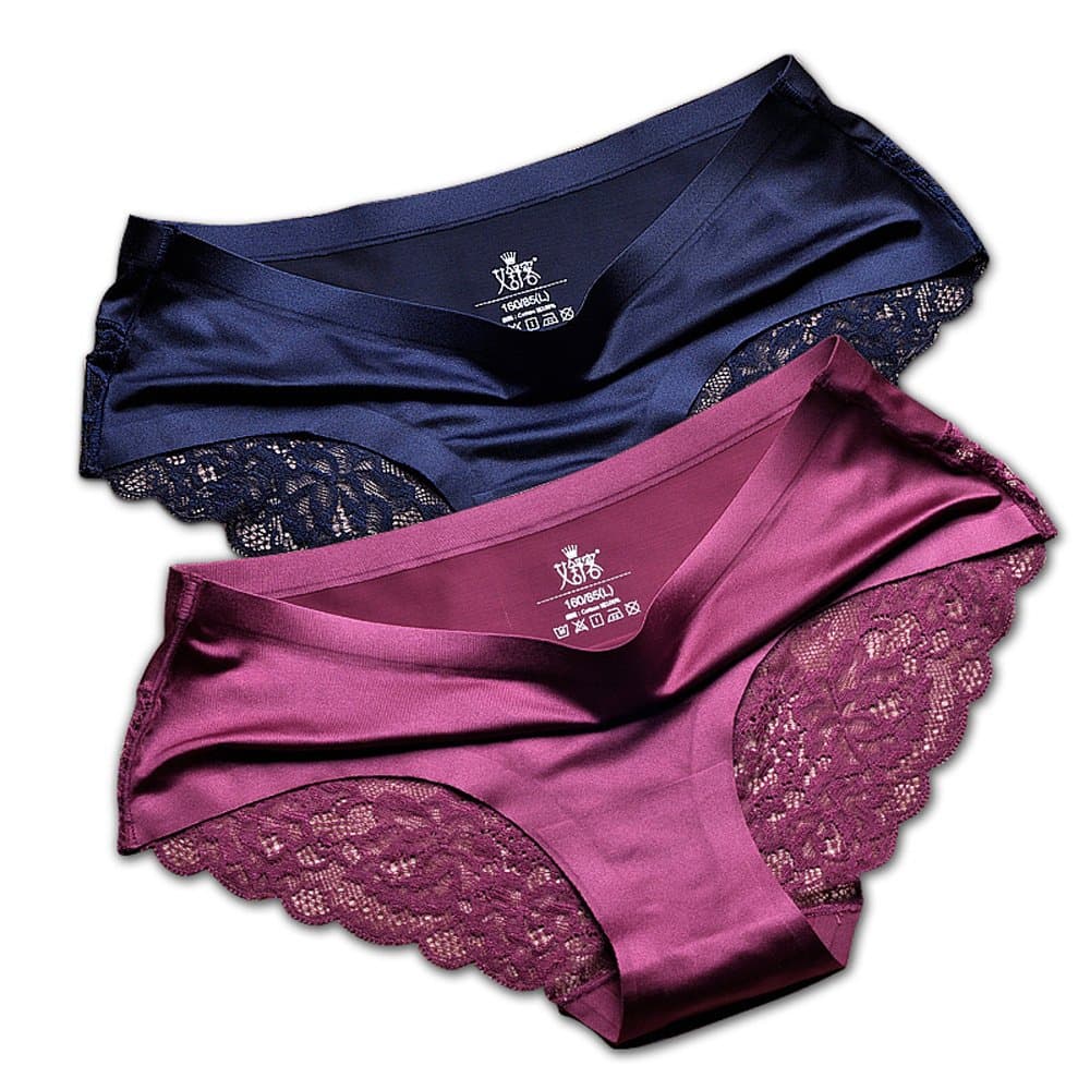 Women's 2 Pack Seamless Panties Women Underwear Sexy Lingerie Brief Satin Silk Panty Blue-purple
