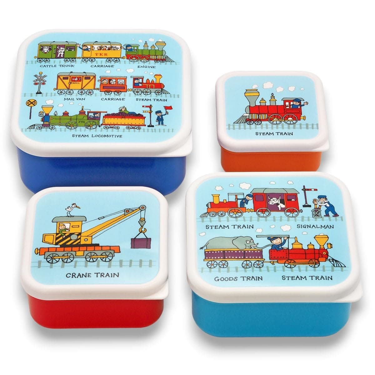 Tyrrell Katz Kids Snack Boxes with Trains Print - Children's 4 Piece Set - Freezer Safe Square Food Storage Containers