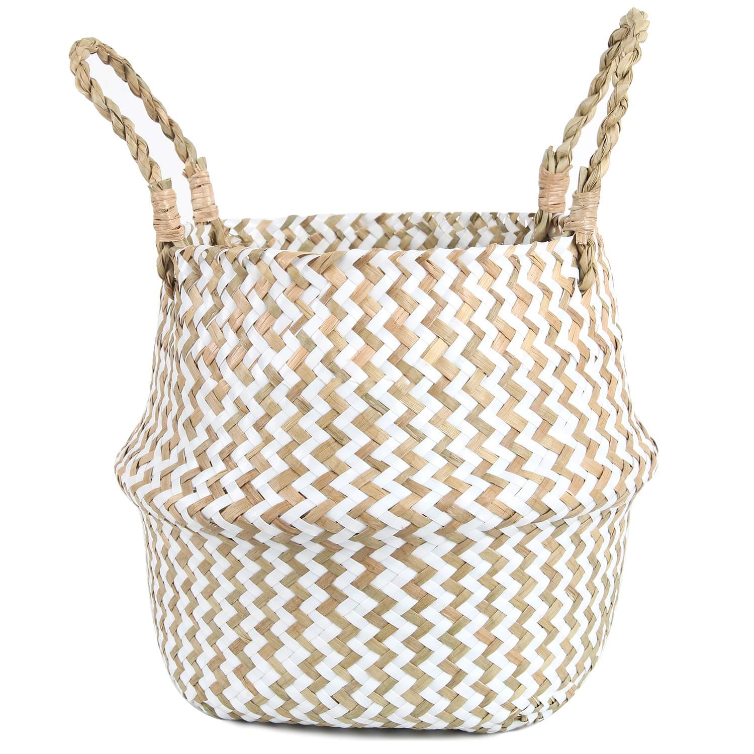 FEILANDUO Laundry Basket Wicker Woven Belly Baskets Decor Home Storage for Fruit Hand-woven Seaweed Collapsible with Handle for Organizer Plant Pot Cover(White, Large)