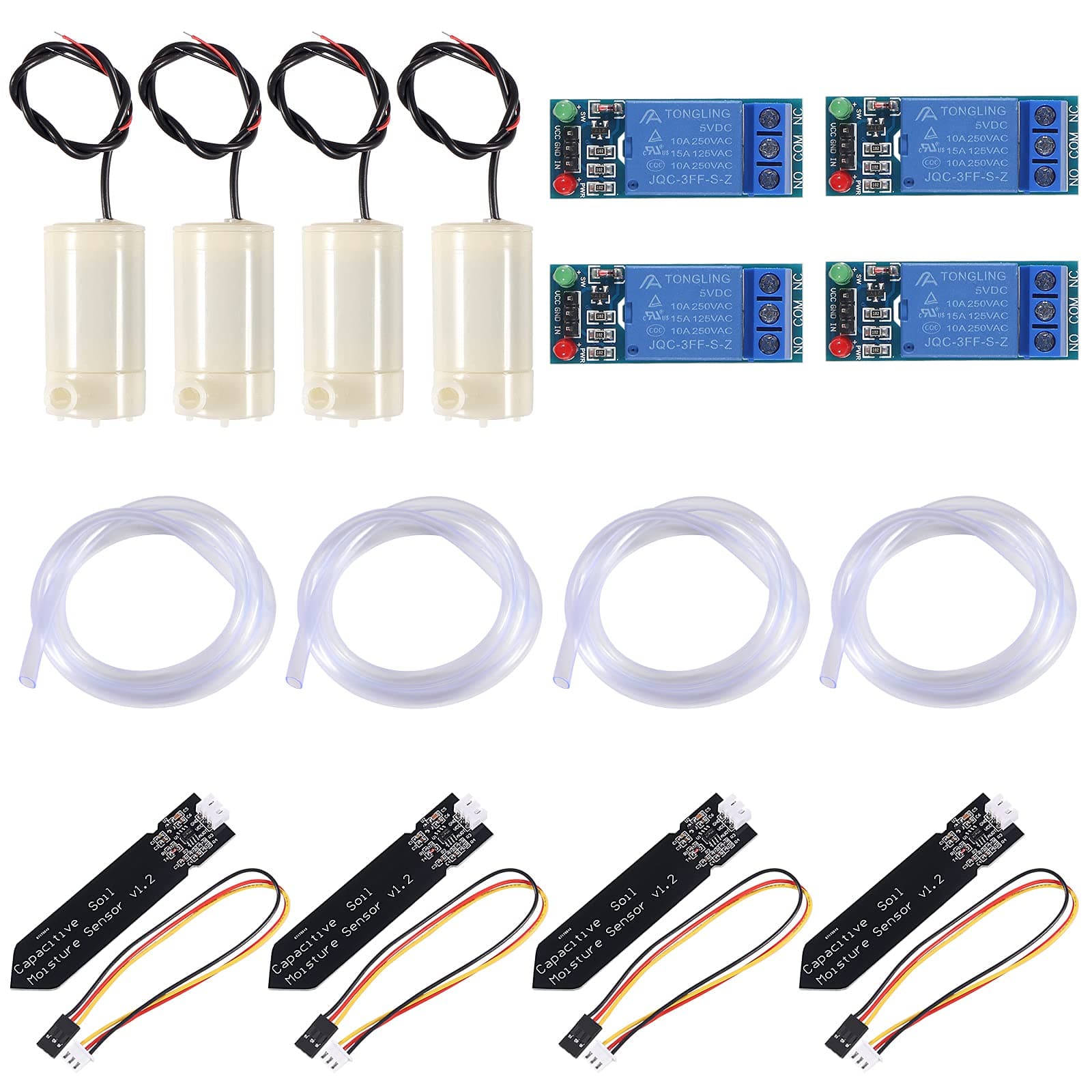 Automatic Irrigation DIY Kit, 4Pcs Capacitive Soil Moisture Sensor+4Pcs 1Channel 5V Relay Module + 4Pcs Water Pump + 4Pcs 1M Vinyl Tubing for Arduino Moisture Detection Garden Watering