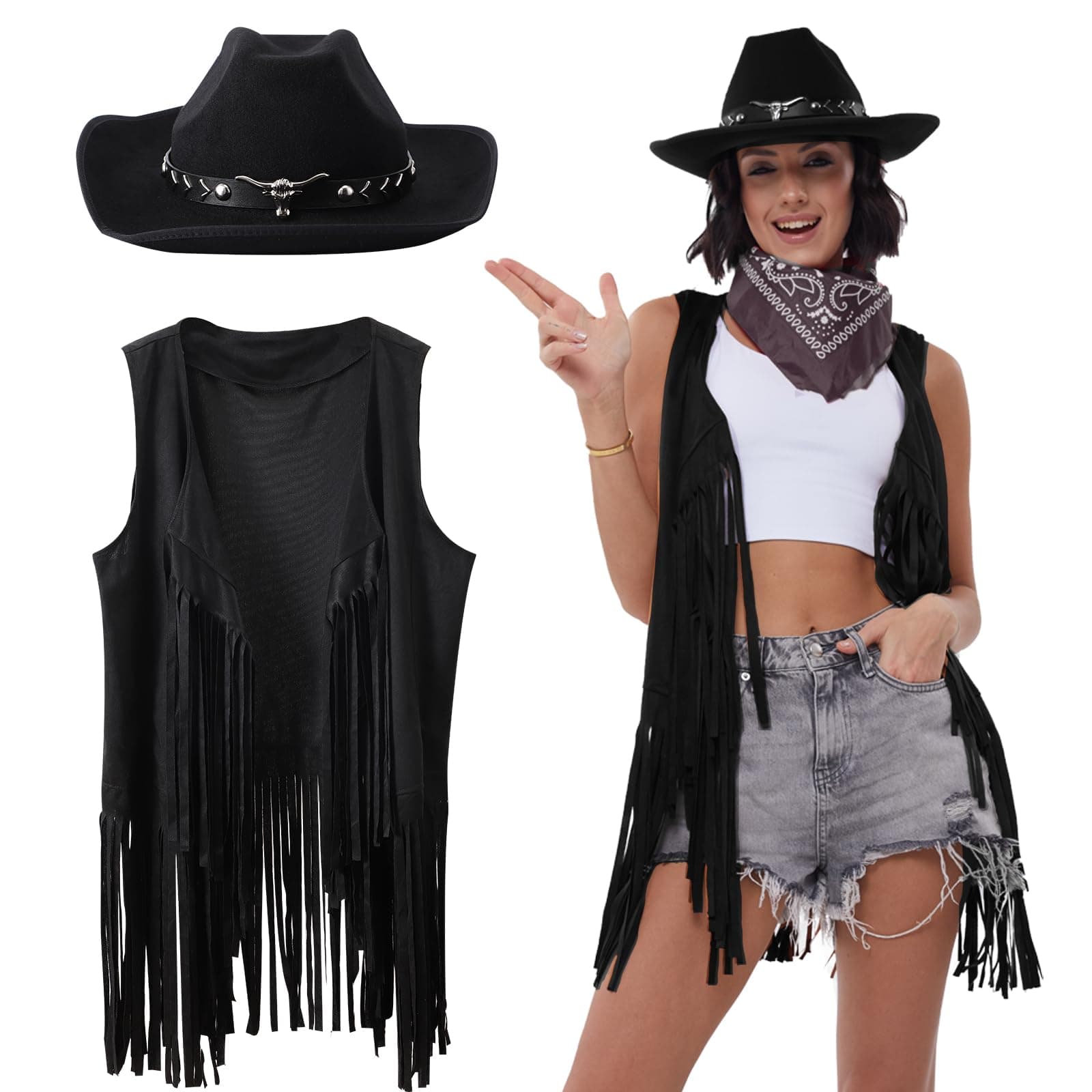 PARTTELYWestern Outfits for Women Cowgirl Tassel Sleeveless Vest Cowboy Hat and Paisley Bandana