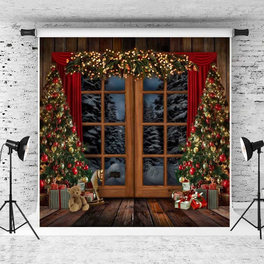 Kate 8x8ft Christmas Photography Backdrop Xmas Trees Rustic Brown Wood Wall Home Holiday Background for Kids Fabric Studio Props
