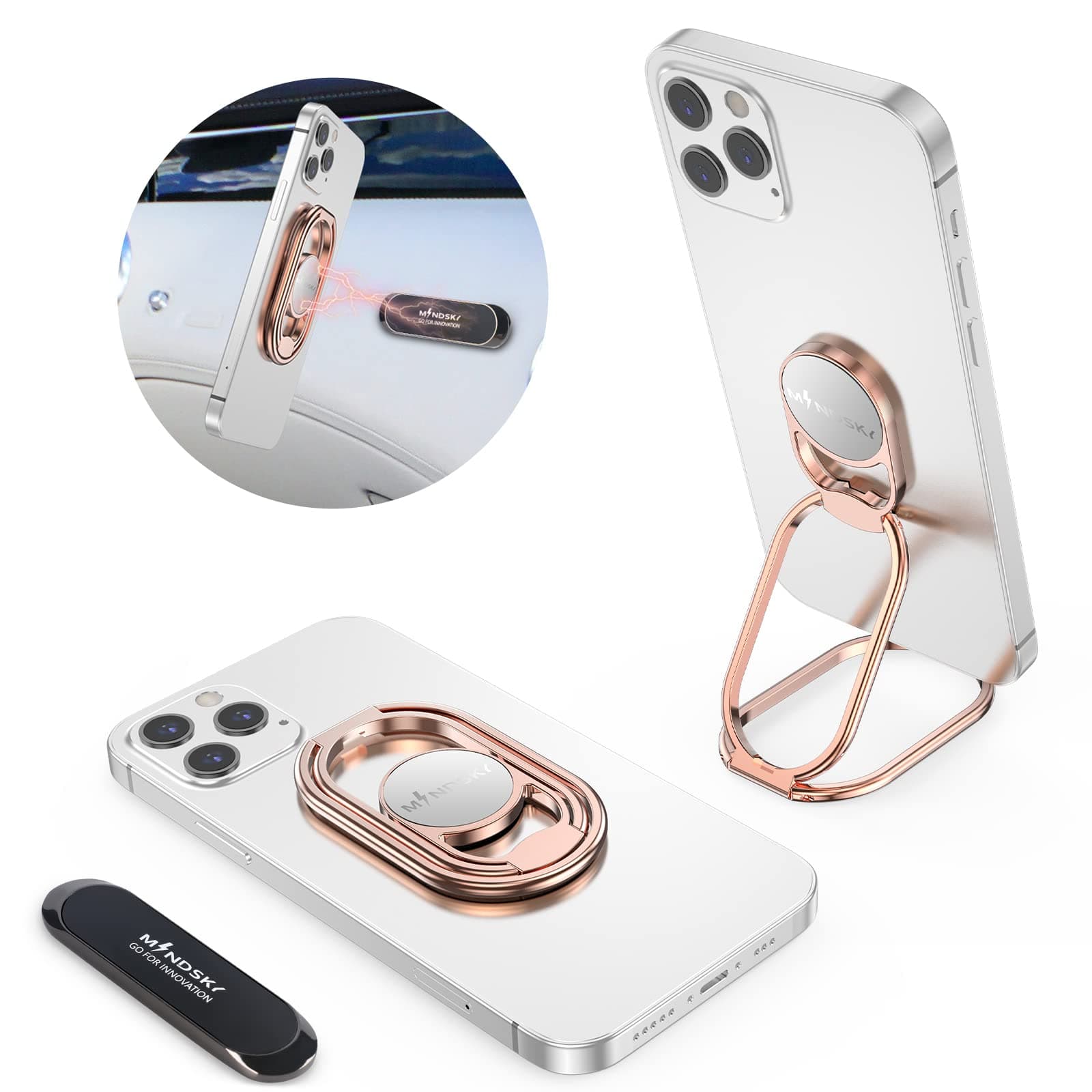 Phone Ring Holder Finger Kickstand 360°Rotation Cellphone Back Grip Foldable Cell Phone Stand for Desk Compatible with iPhone iPad Smartphones Tablets (Hollow Rosegold)