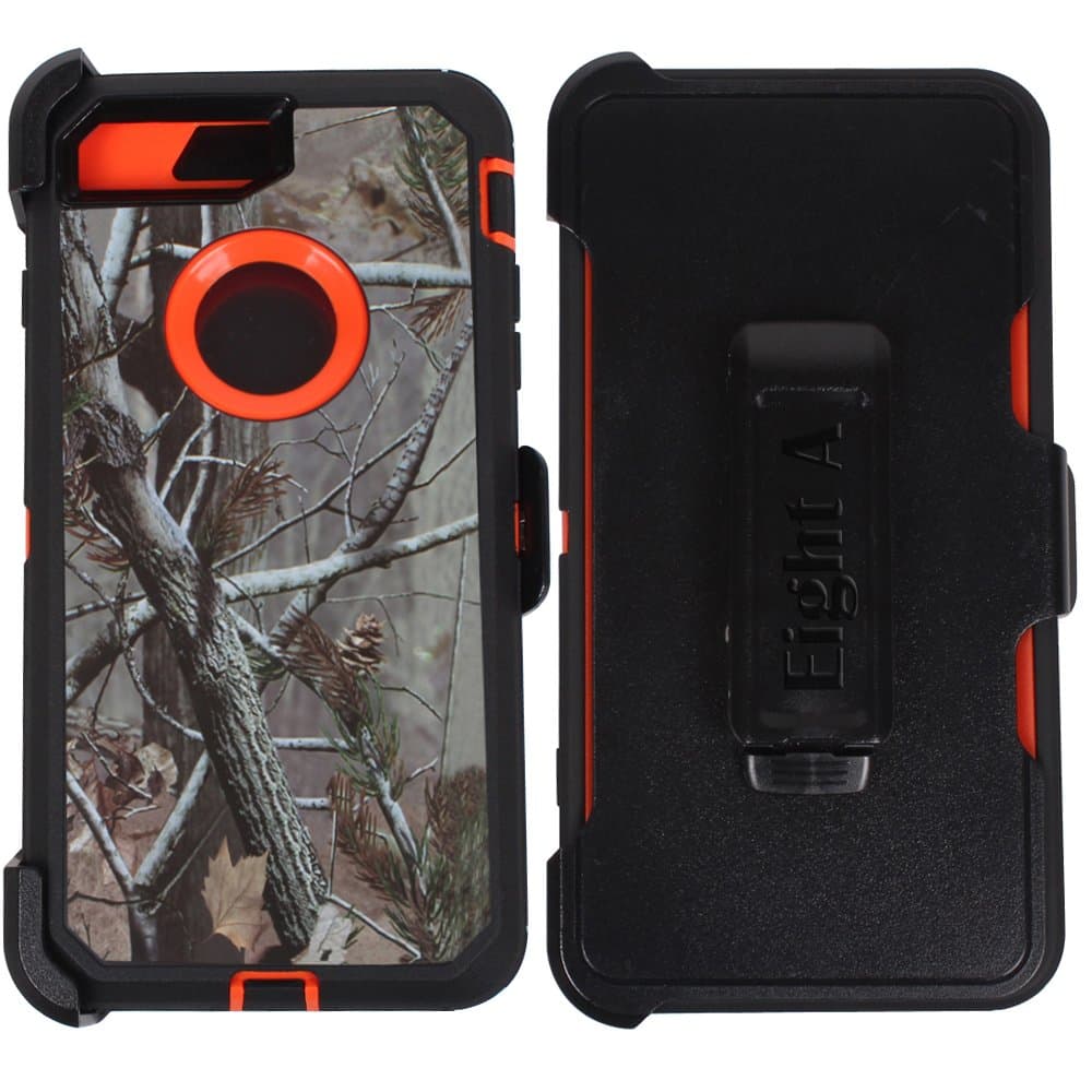 Heavy Duty Impact Rugged with Built-in Screen Protector Camouflage Protective Case Cover with Clip for Apple iPhone 8(Orange-Tree-Camo)