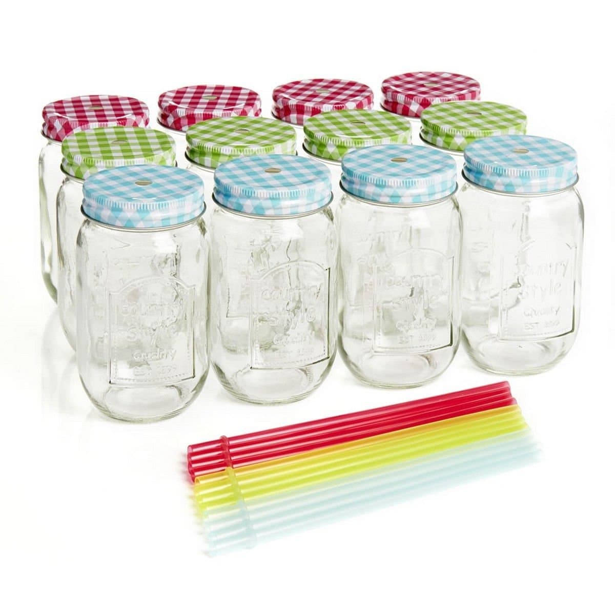 Set of 12 Glass Jam Drinking Jar Mug With Plastic Straw & Lid