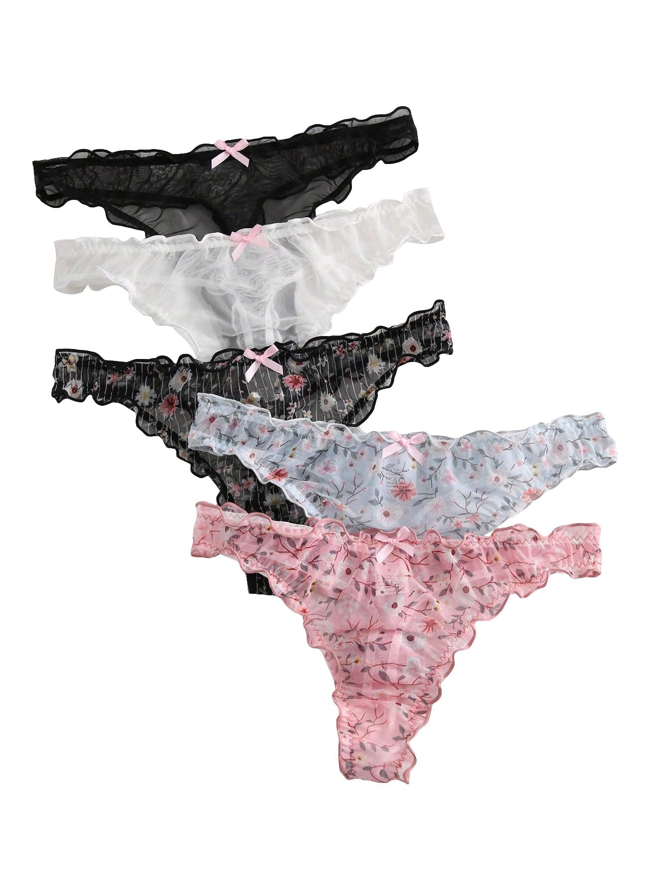 Women's 5pack Cute Panties Floral Print Low Rise Frilly Panties Coquette Underwear Set
