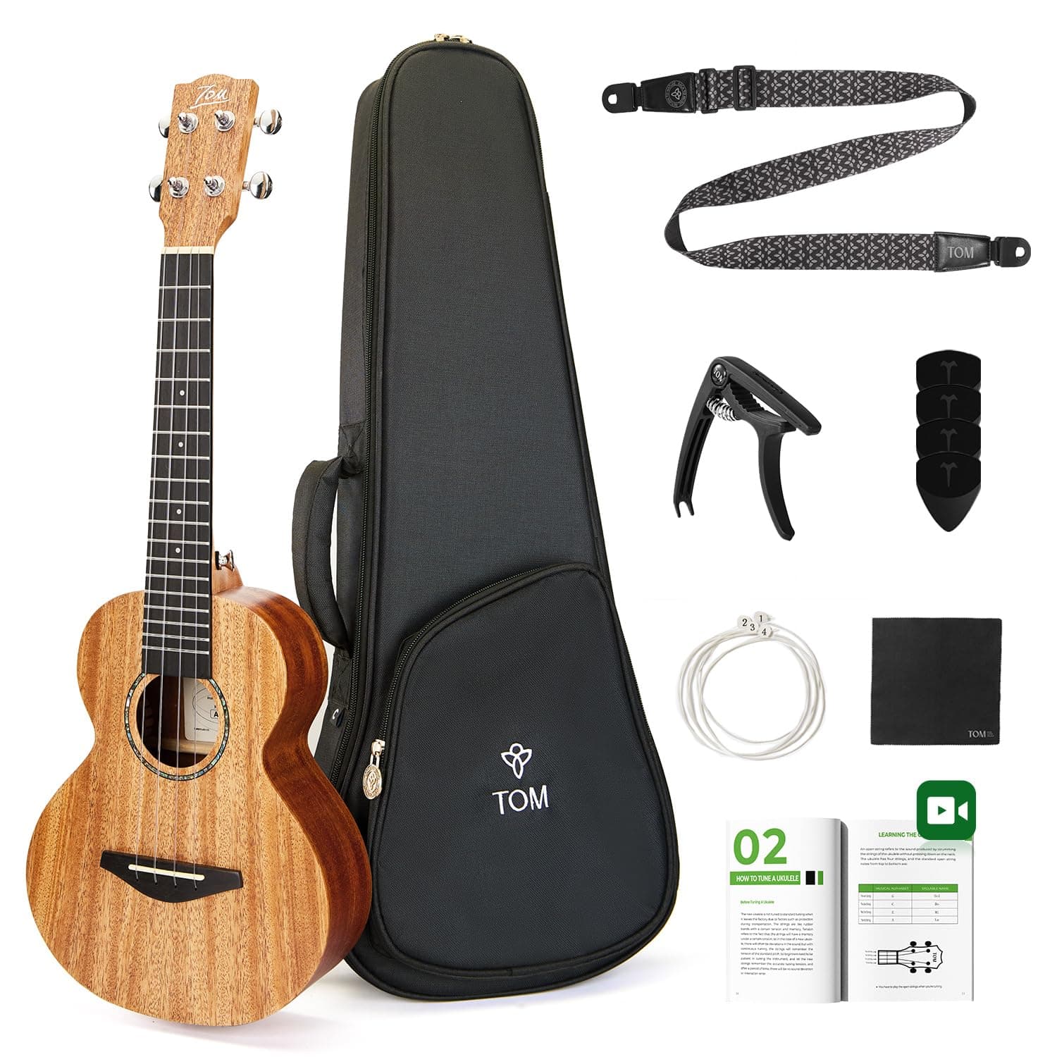 TOM 23" Solid Top Mahogany Concert Ukulele – Ukelele Beginner Kit Includes Quick Locking Ukulele Strap for Professional, Beginners, Adults & Kids, Deep Resonance with D’Addario Strings (AM5-Concert)