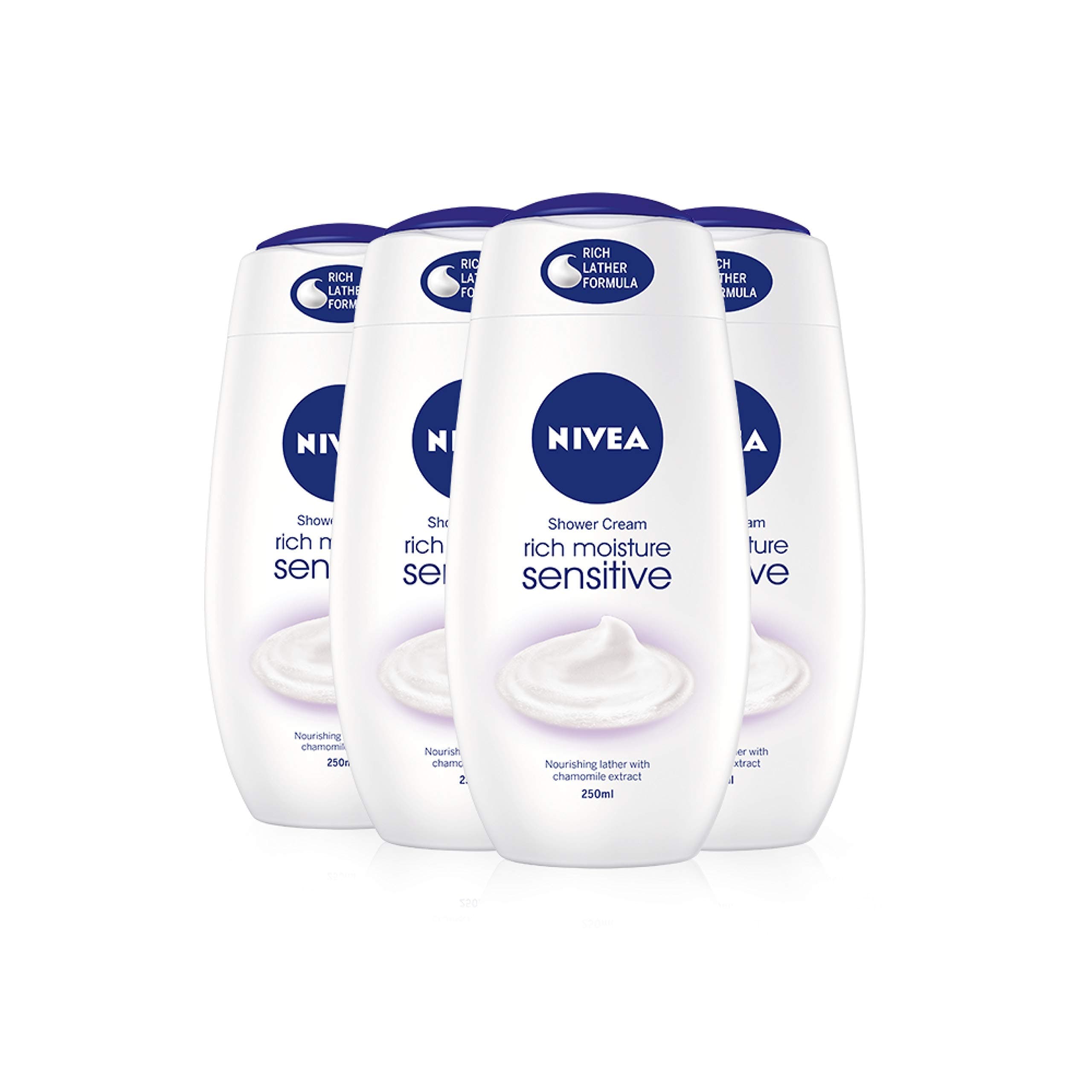 NIVEA Shower Cream Gel Rich Moisture Sensitive, Pack of 4 (4 x 250ml), Body Wash with Soothing Chamomile Extract, Sensitive Body Wash for Women, pH Skin-Balanced Shower Gel